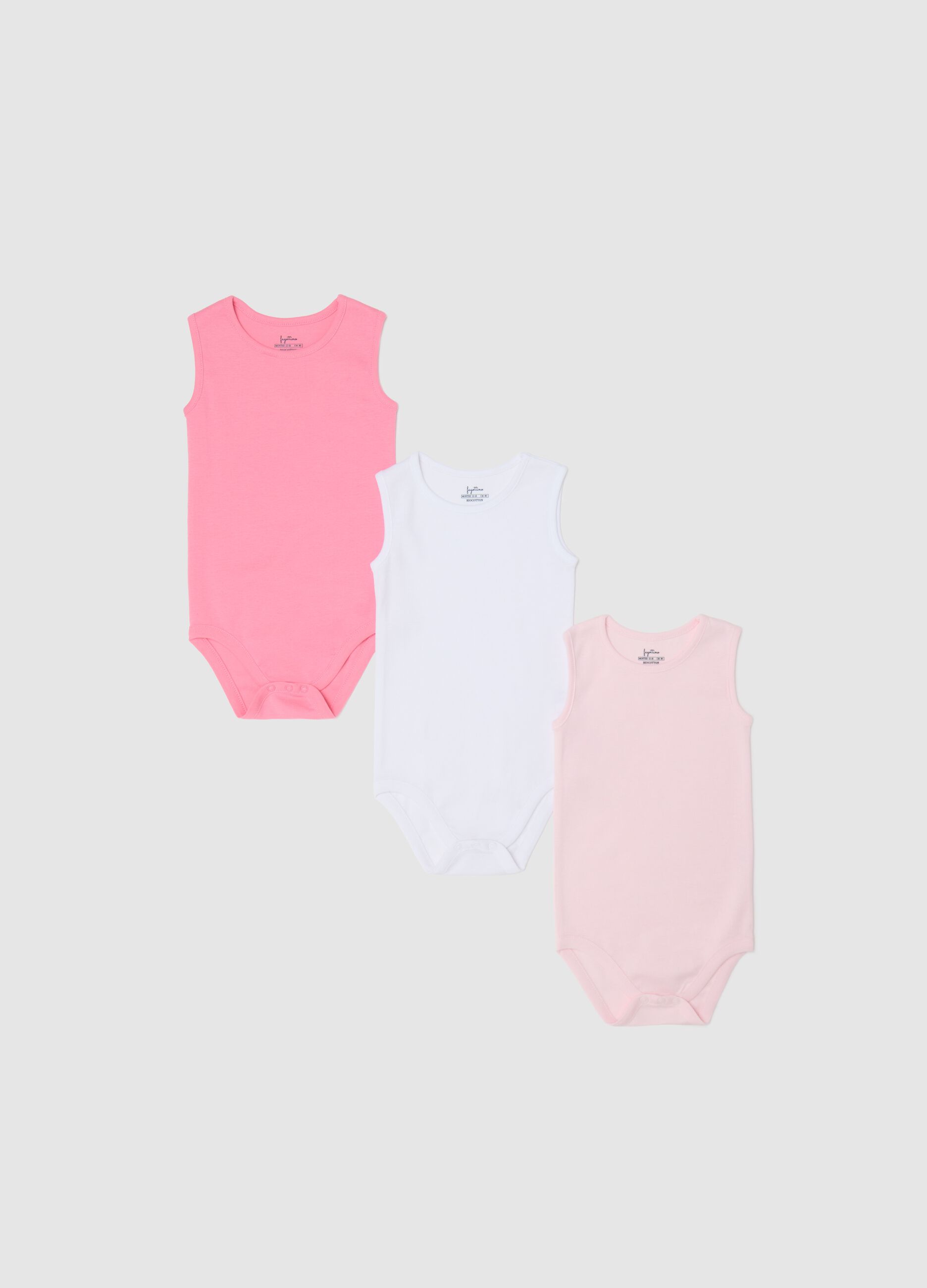 Three-pack pink and white sleeveless bodysuits in organic cotton