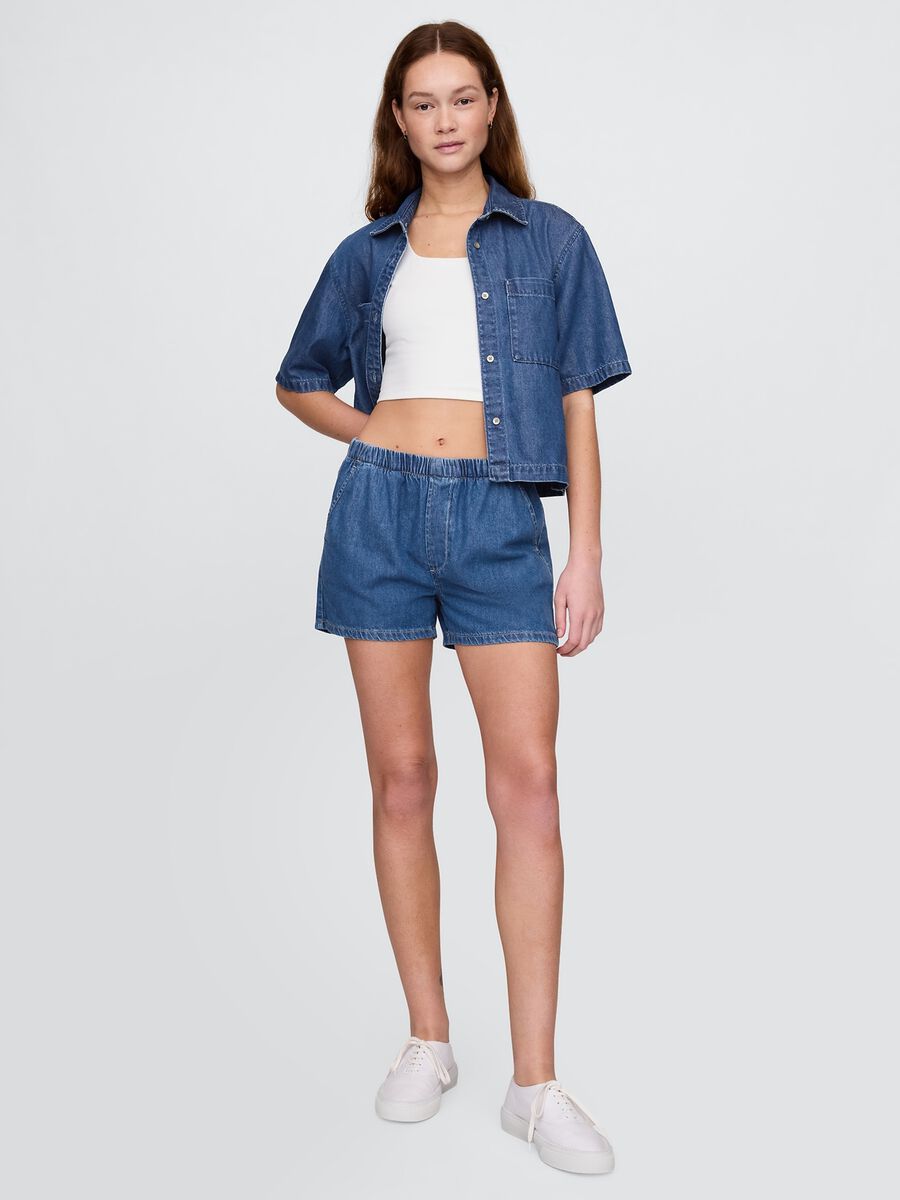 Shorts in denim con elastico in vita_0