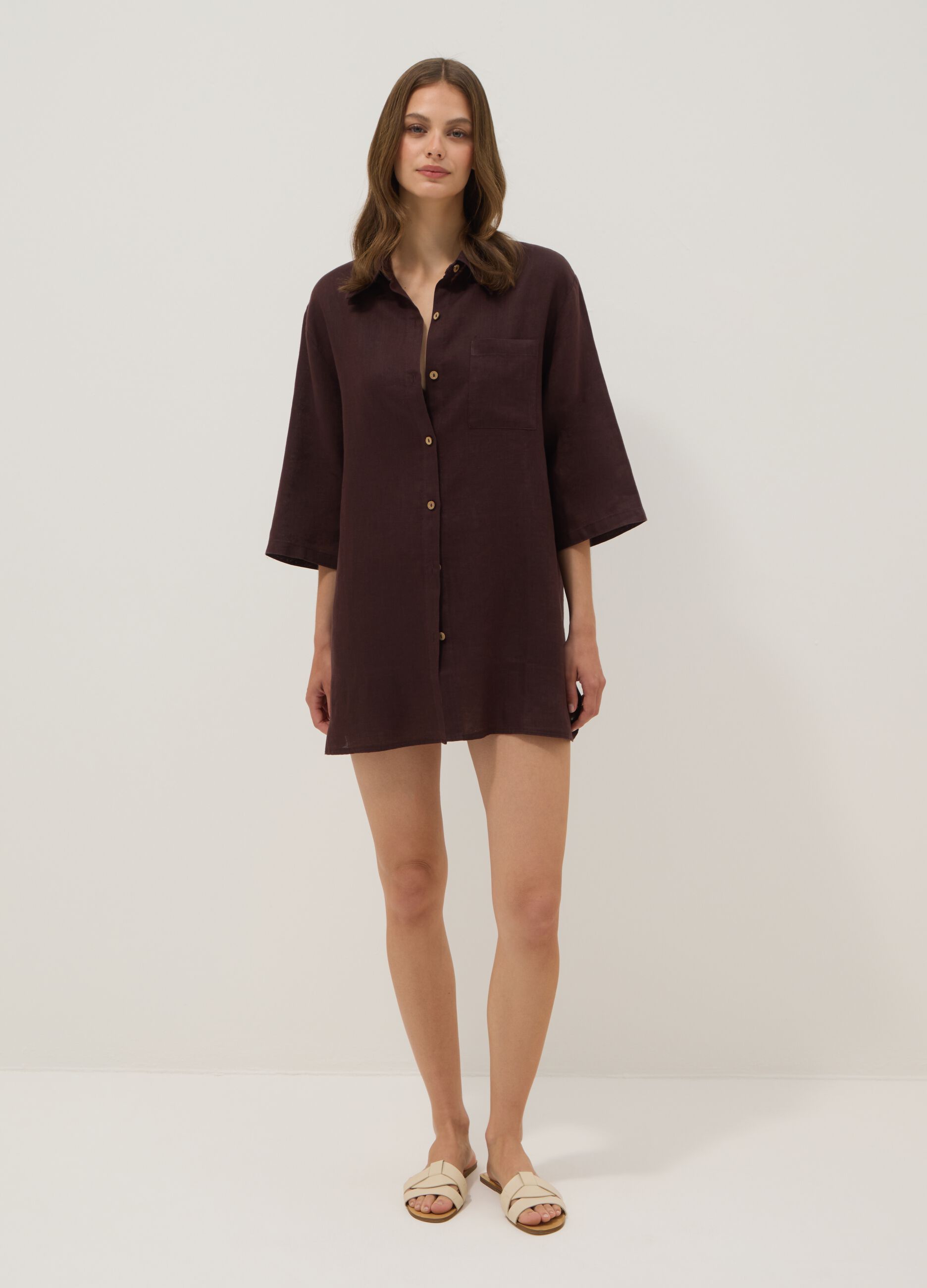 Brown pure linen beach cover-up