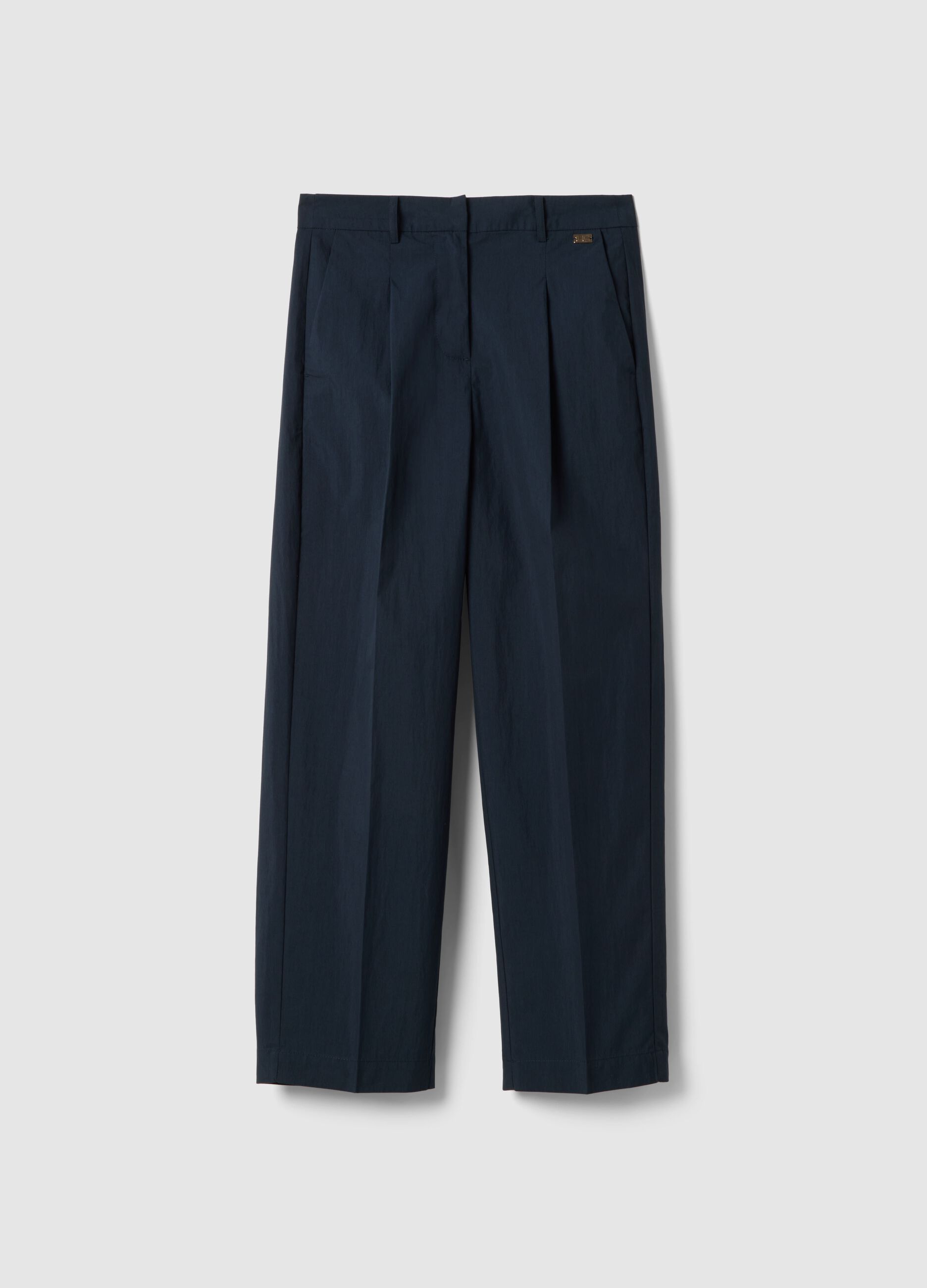 Blue cotton blend straight fit trousers