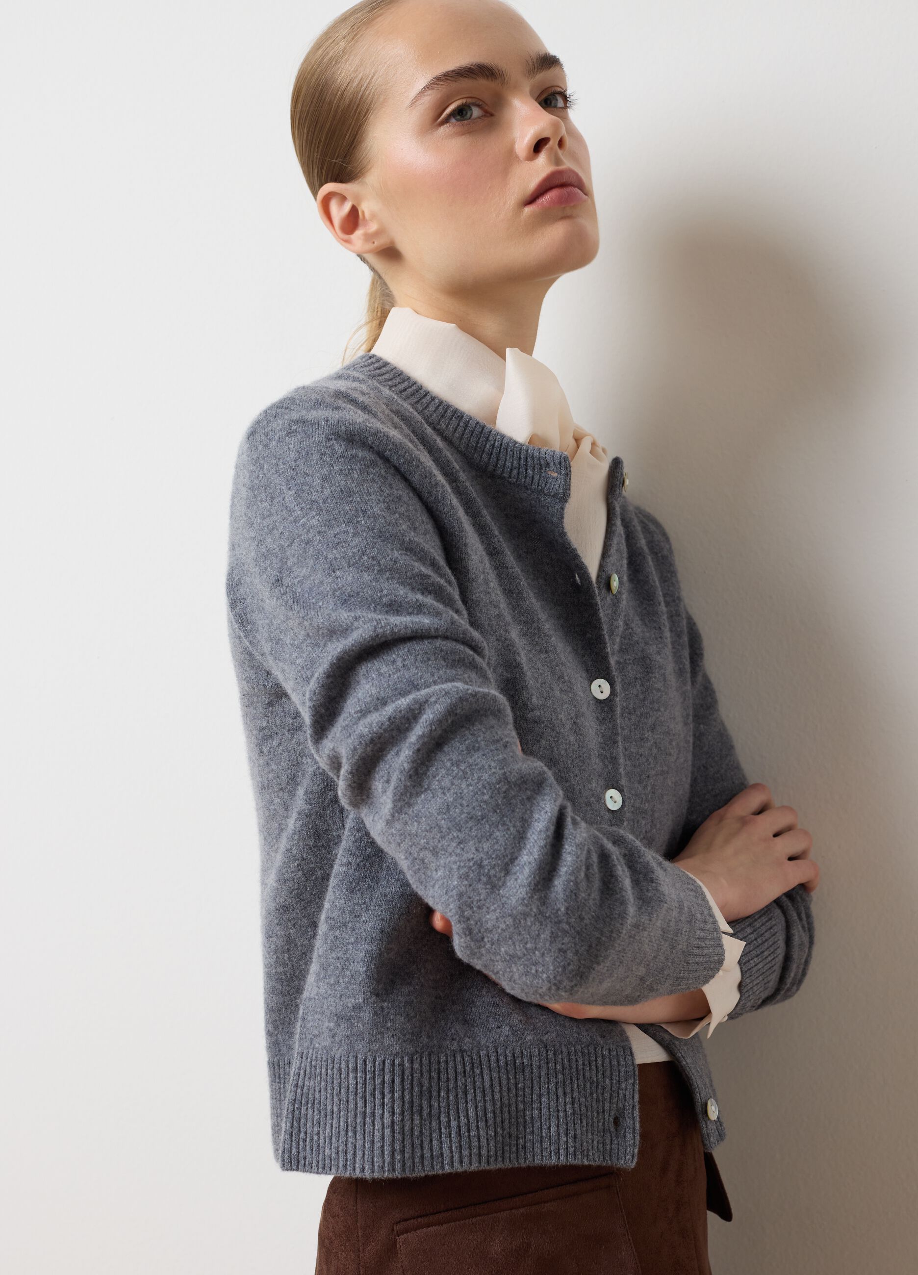 Grey crew neck cardigan in pure wool regular fit
