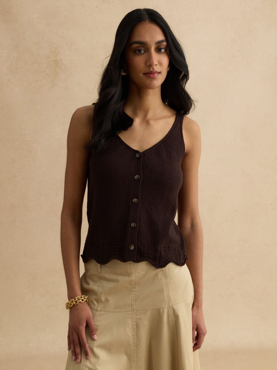 Brown cotton blend regular fit tank top with buttons_0