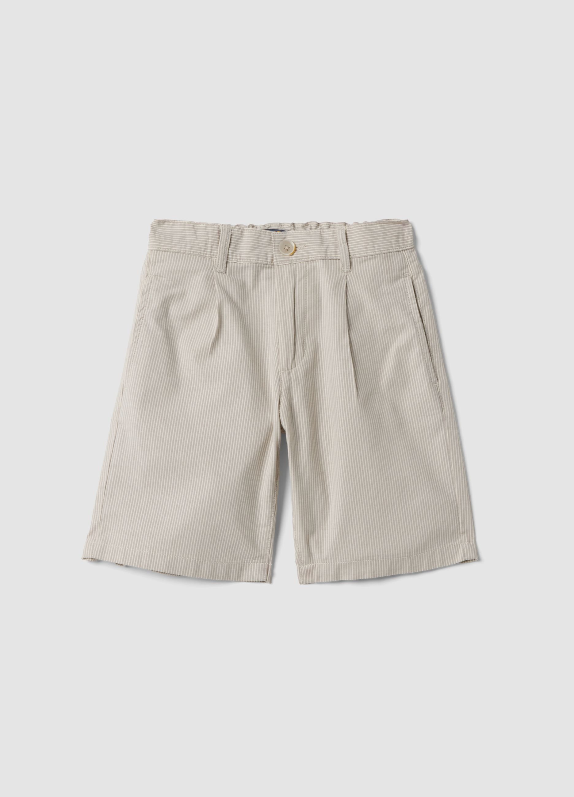 Beige striped stretch cotton boys&rsquo; Bermuda shorts, regular fit