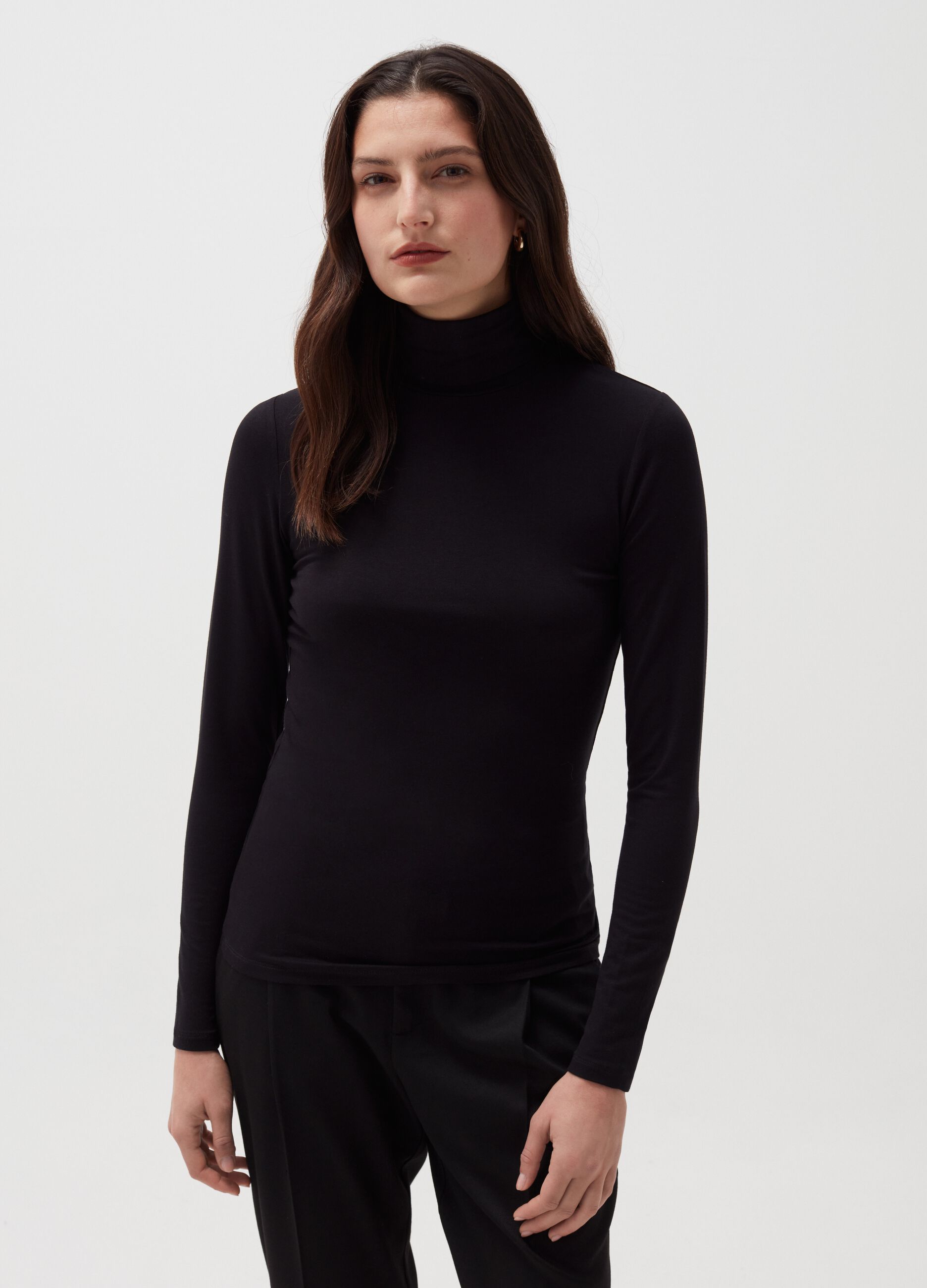 Stretch viscose T-shirt with high neck