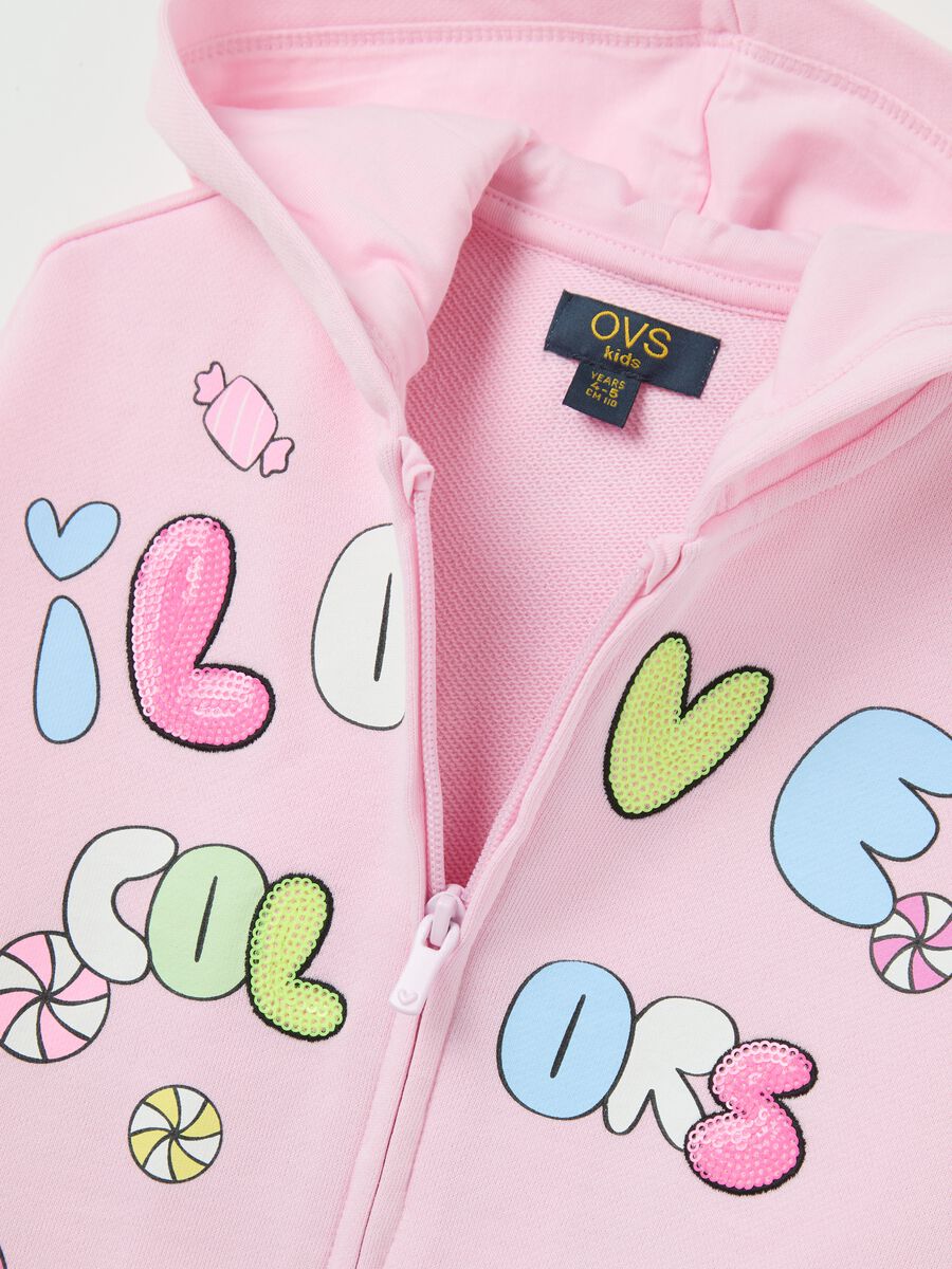 Pink full-zip sweatshirt with hood, print and sequins_2