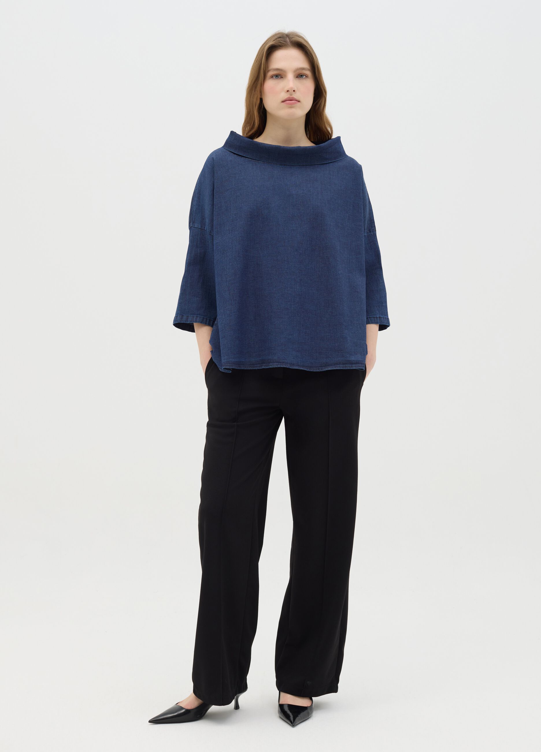Blue Long Sleeve Stretch Cotton Top