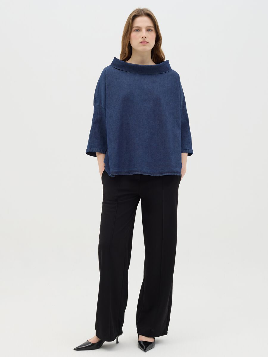 Blue Long Sleeve Stretch Cotton Top_1