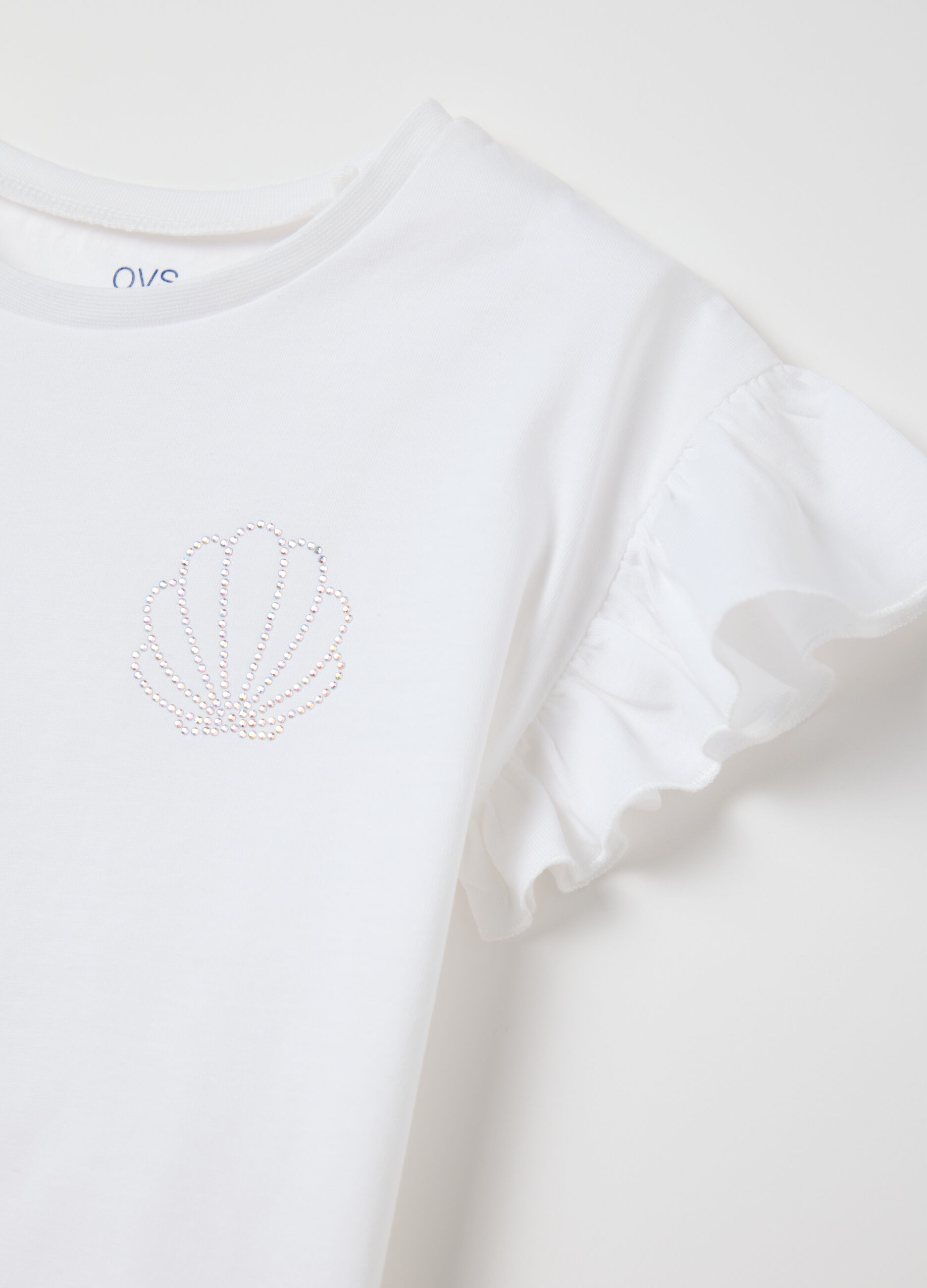 White T-shirt in cotton with diamantés