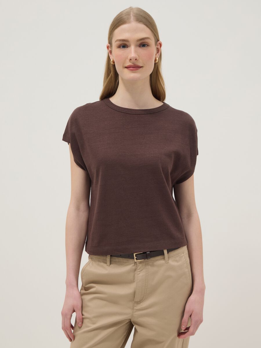 Brown cotton-linen blend short-sleeve T-shirt, regular fit_1