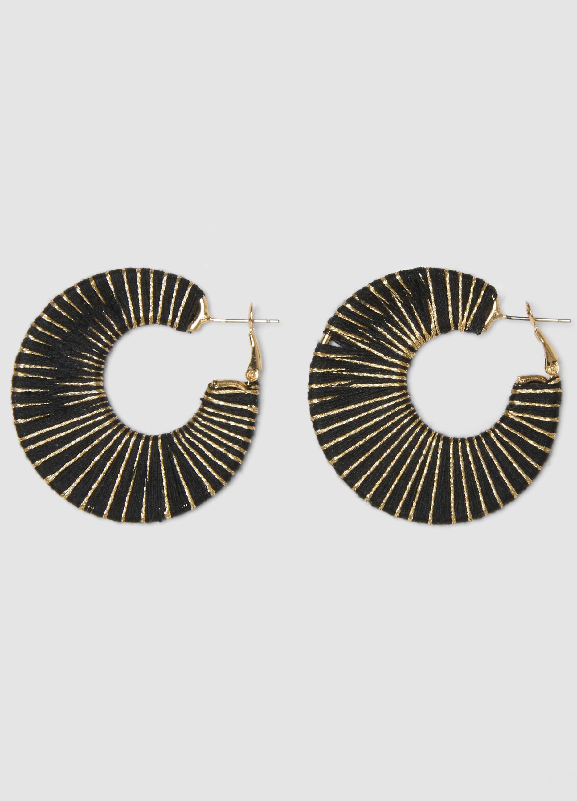 Hoop earrings with black and gold braided strands