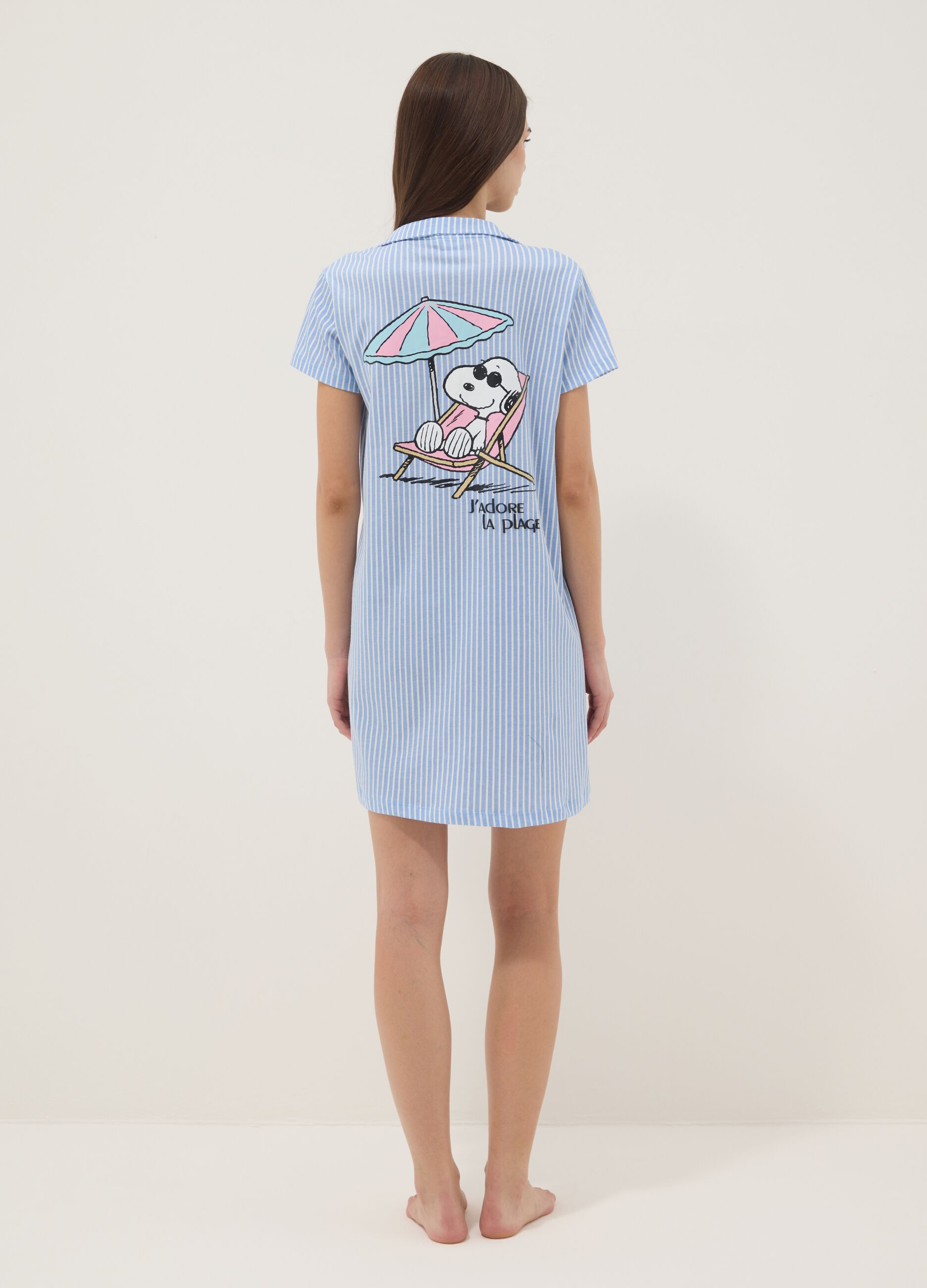 Blue striped pure cotton nightshirt with V-neck