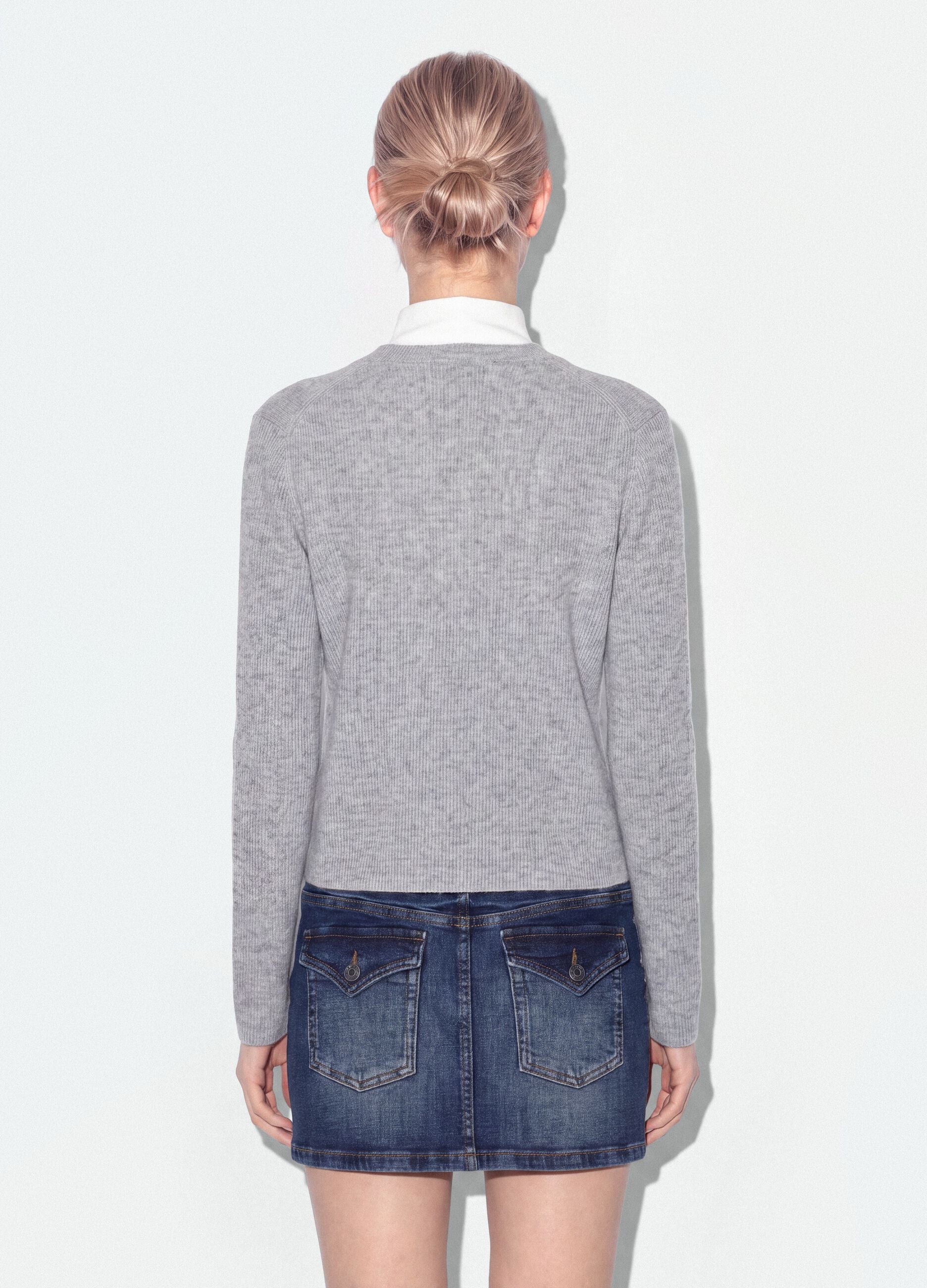 Grey crew-neck cardigan in lyocell and wool blend, oversized fit