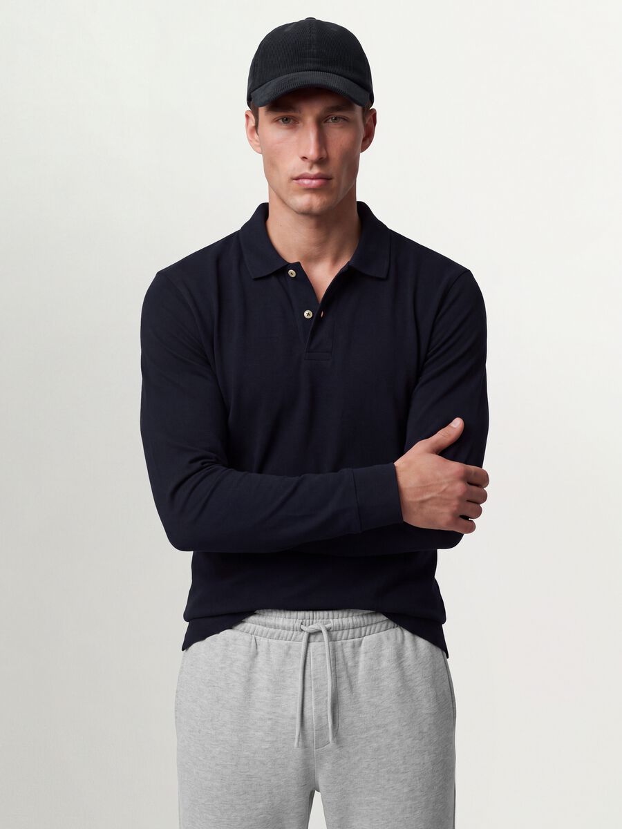 Polo blu in piquet di puro cotone organico a maniche lunghe regular fit_0