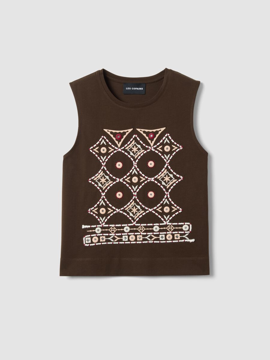 Tank top in puro cotone marrone regular fit con ricami_4