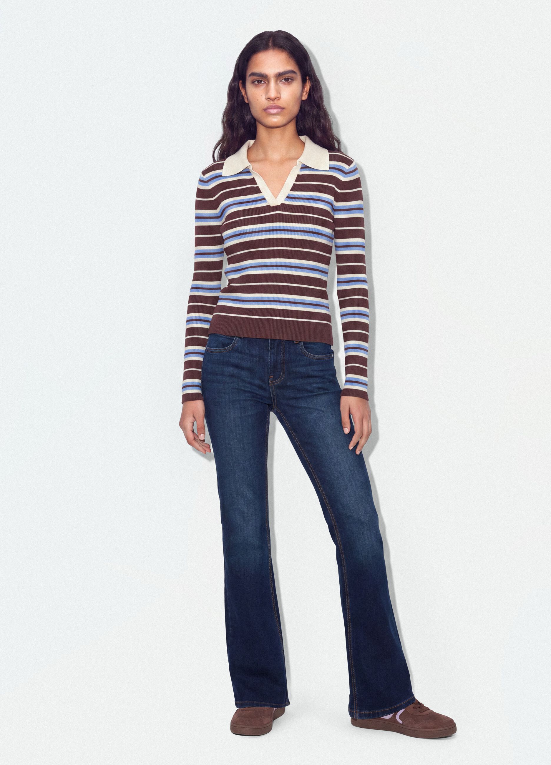 Multicolour striped viscose-blend fitted polo-collar knit