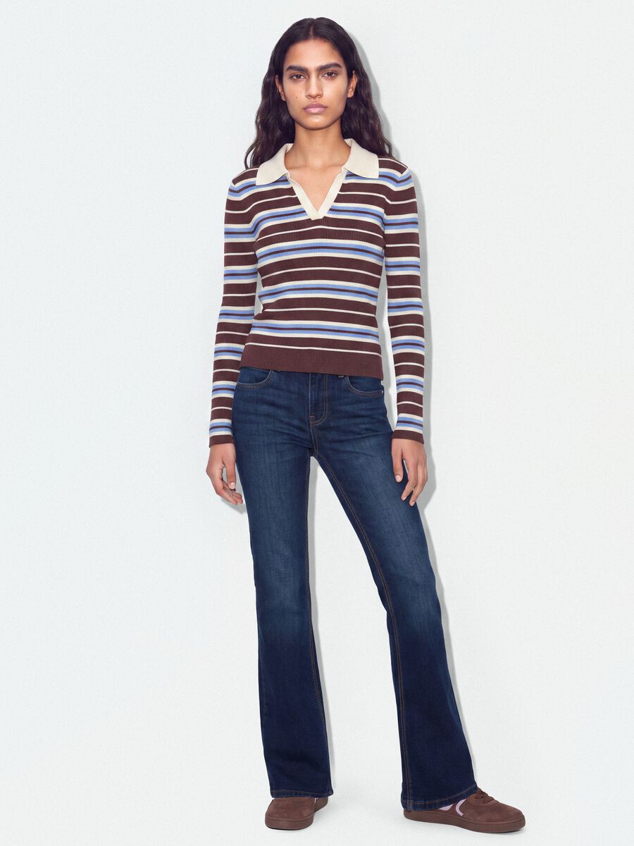 Multicolour striped viscose-blend fitted polo-collar knit top_1
