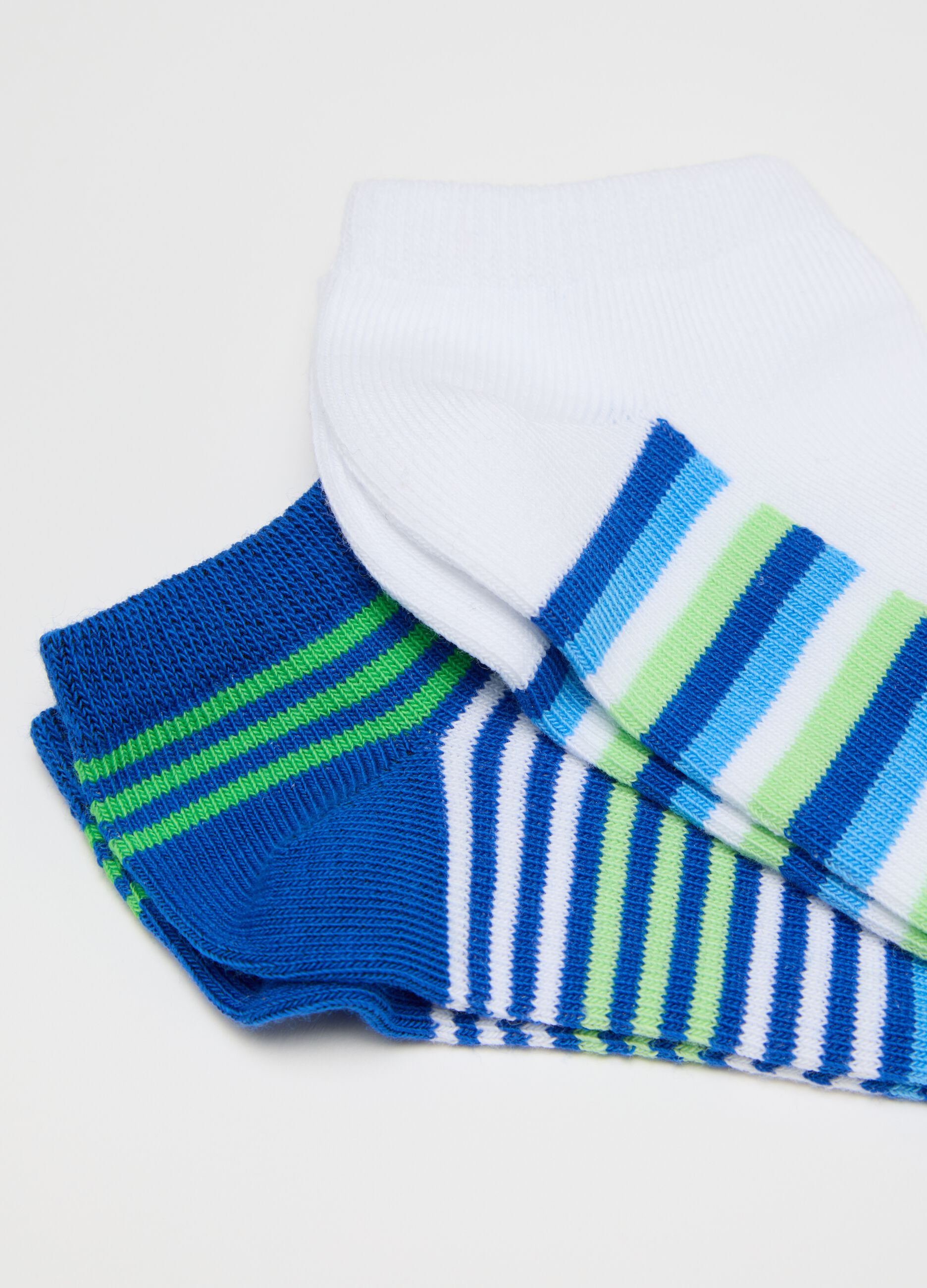 Three-pair pack blue and green stretch shoe liners with striped pattern