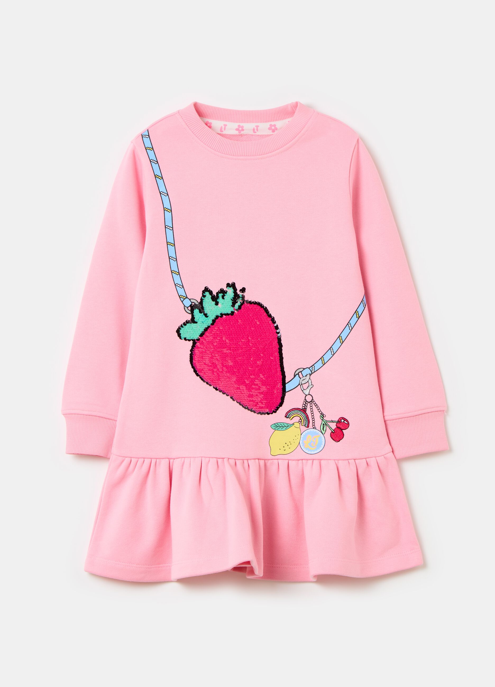 Sweatshirt dress with strawberry print and sequins