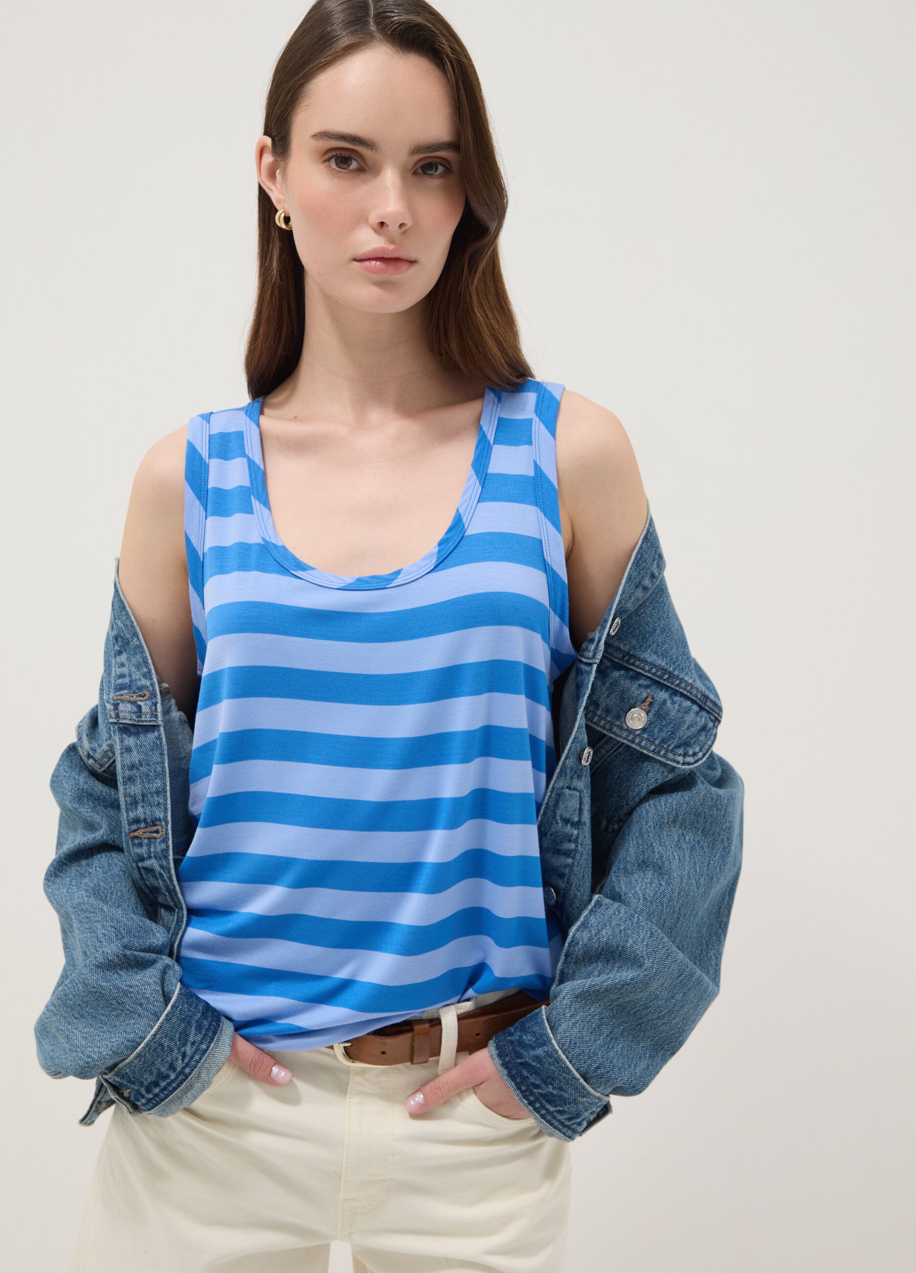Blue striped stretch viscose tank top