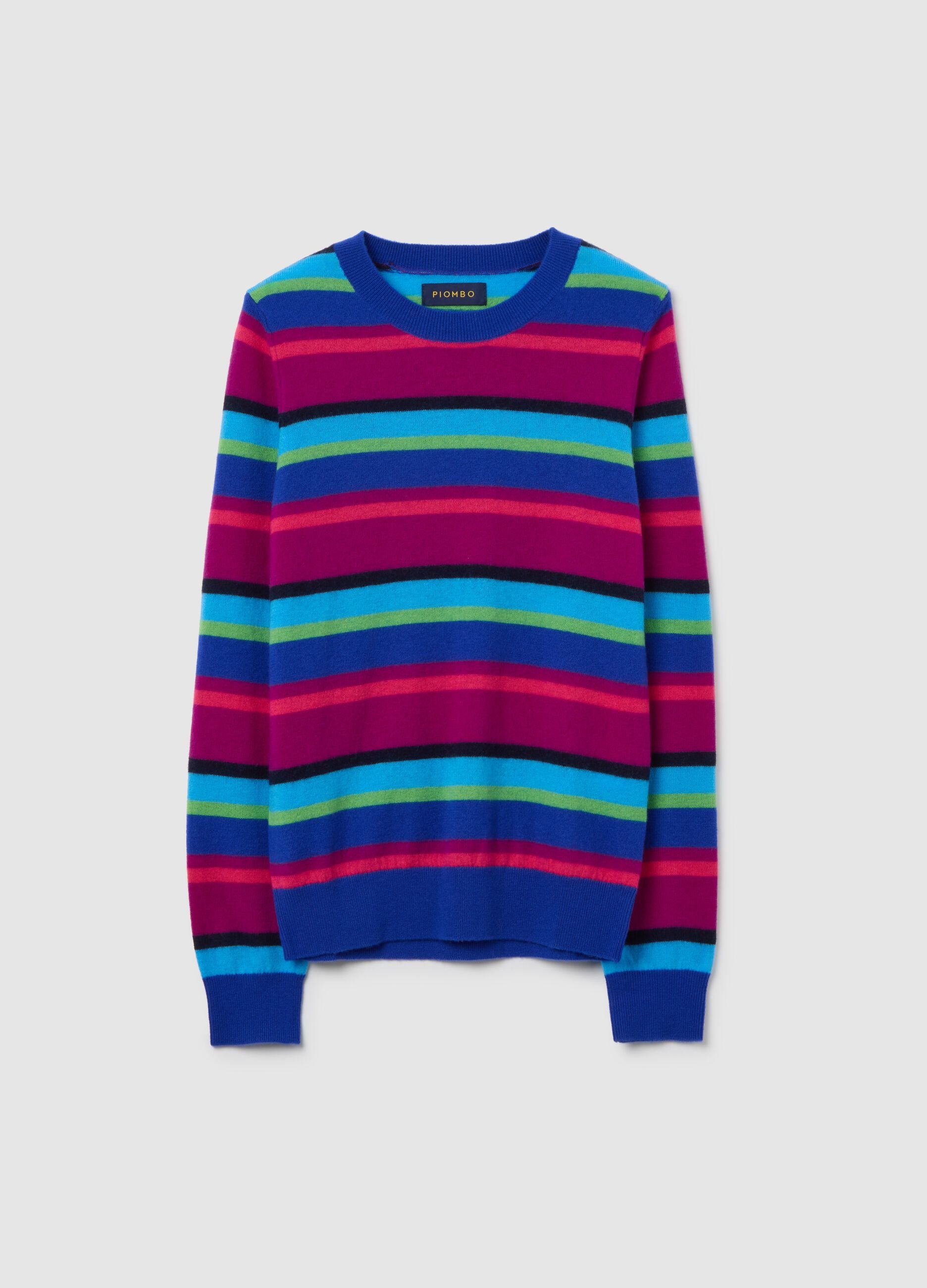 Pure wool jumper with blue and azure stripes, regular fit
