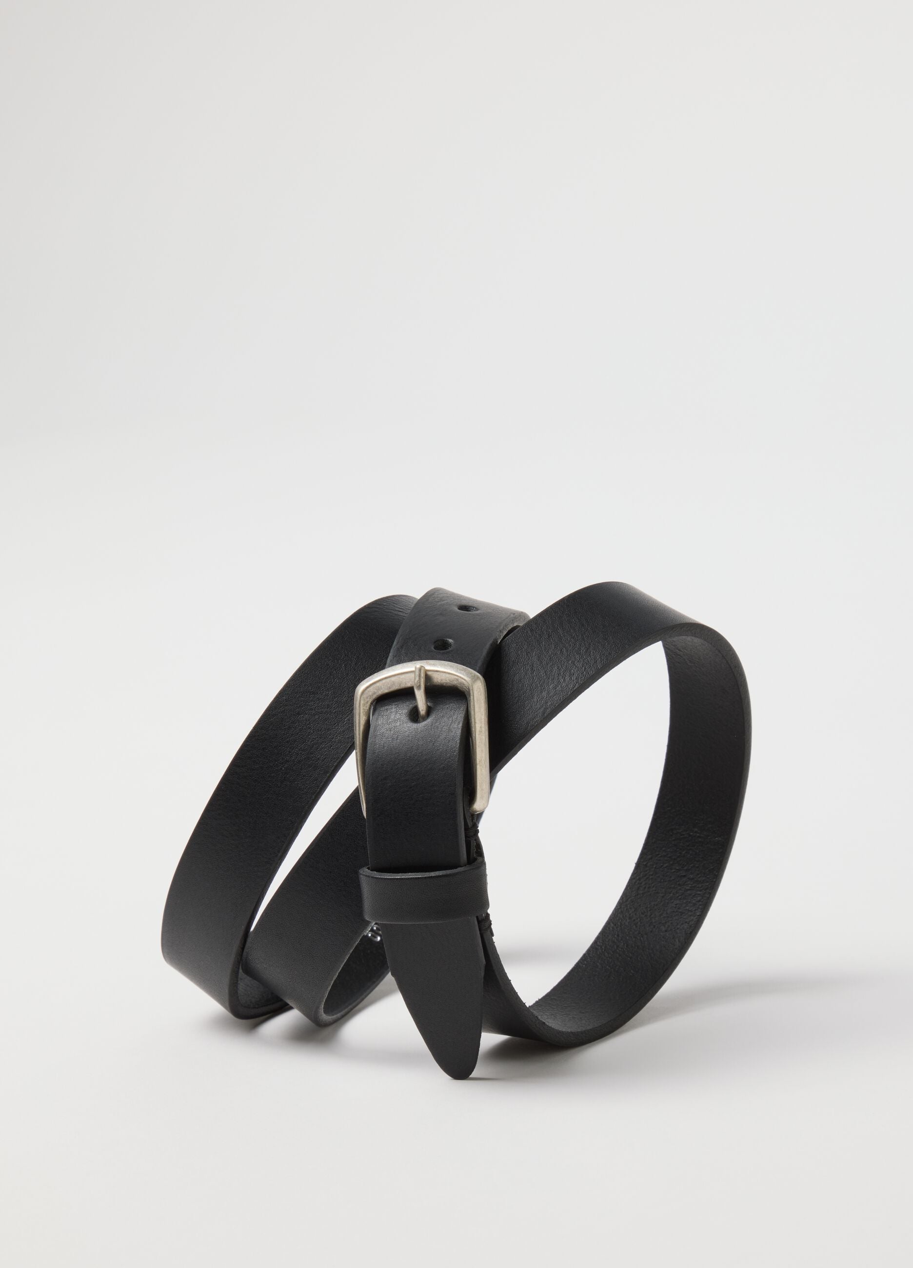 Black genuine leather belt with metal buckle