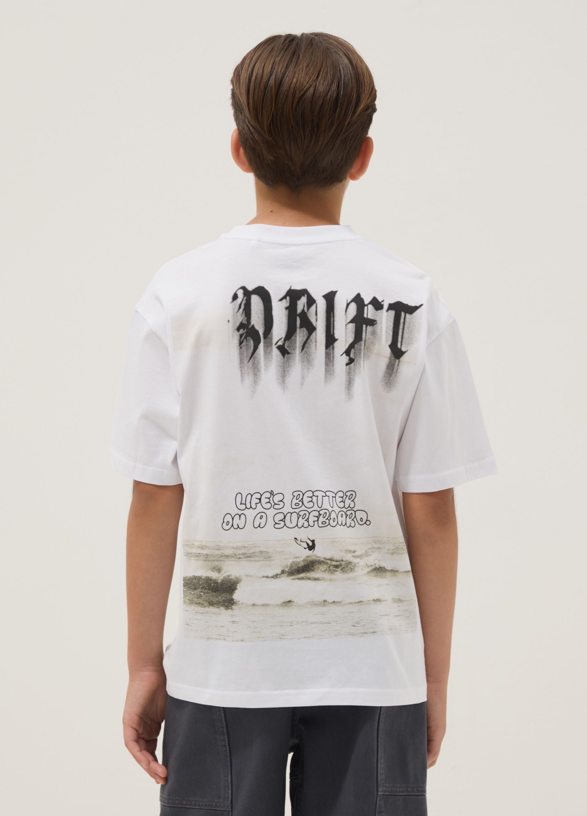 White short-sleeve pure cotton oversized-fit boys&rsquo; T-shirt