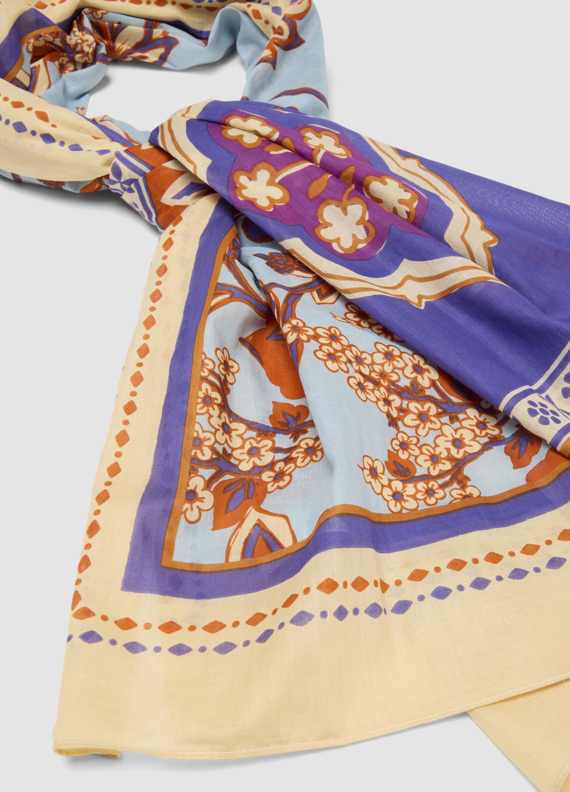 Multicolour pure cotton floral-print scarf