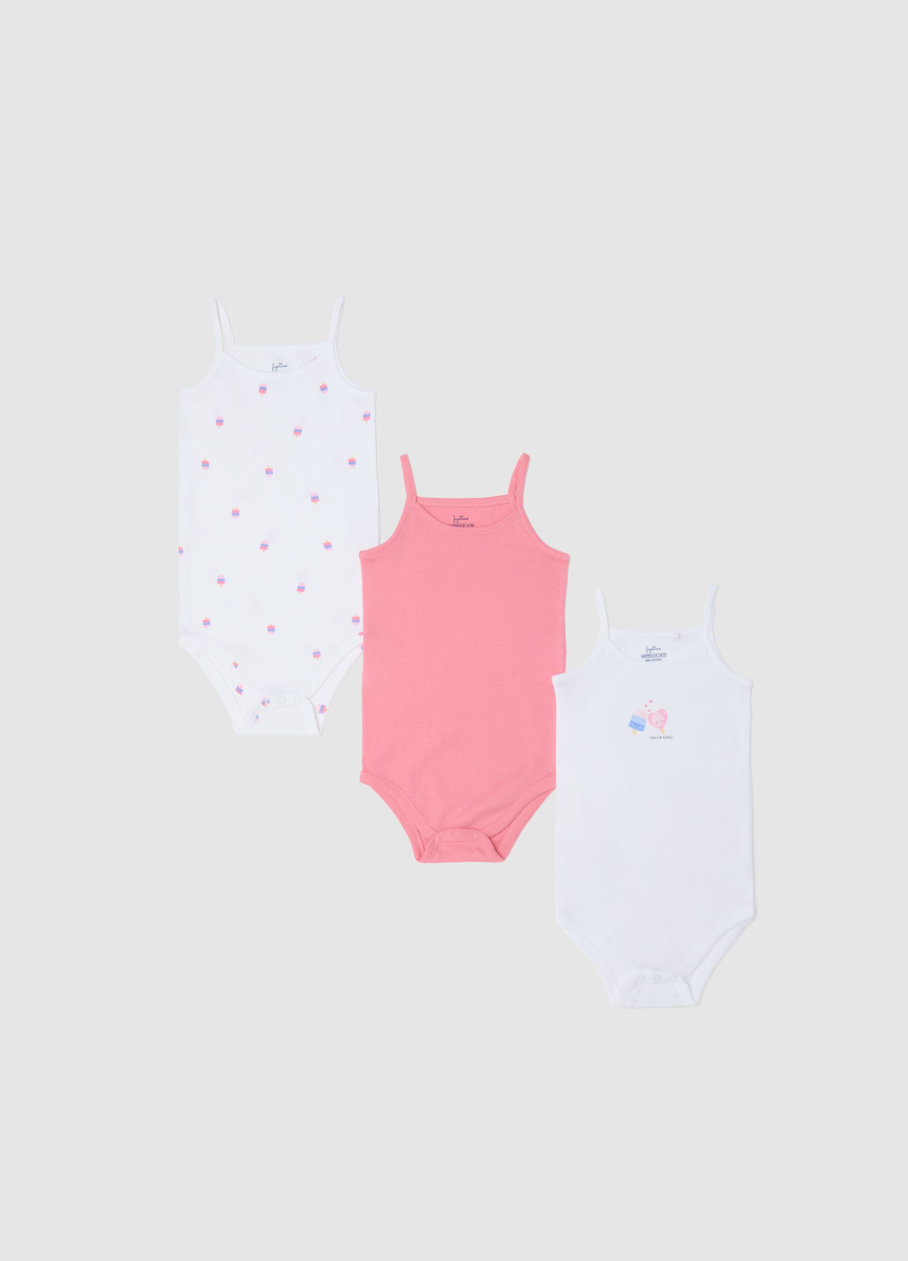 Three-pack sleeveless pink and white bodysuits in organic cotton with print