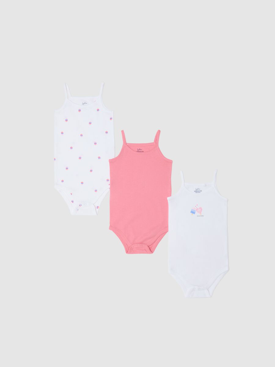 Three-pack sleeveless pink and white bodysuits in organic cotton with print_0