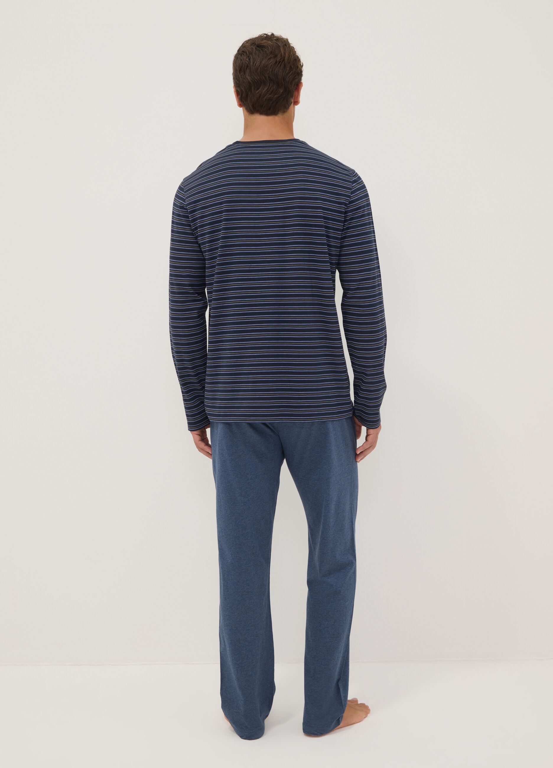 Navy blue striped pure organic cotton crew-neck pyjamas