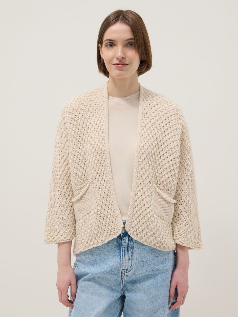 Cardigan beige regular fit a maglia intrecciata_0