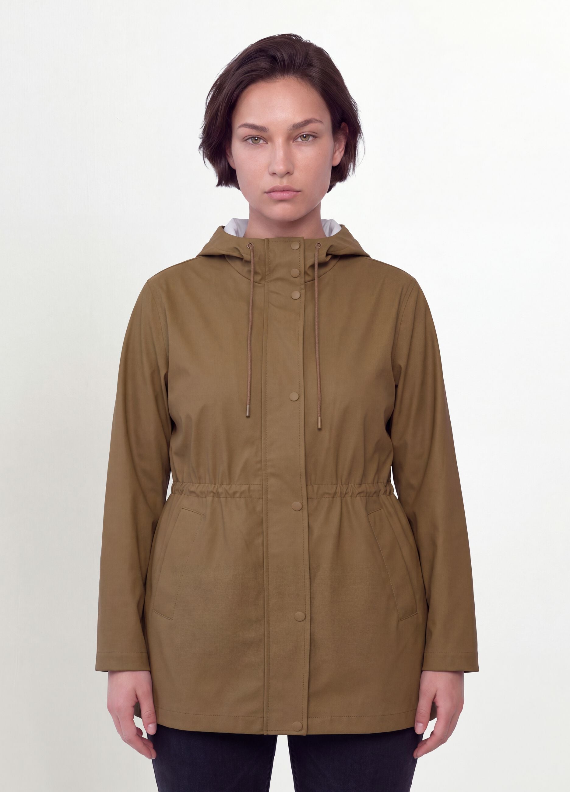 Brown rain jacket with hood, zip and snap buttons, regular fit