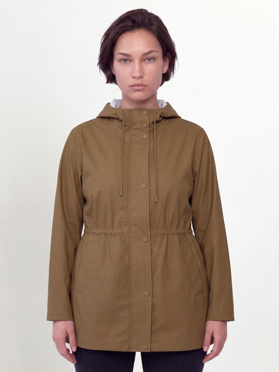 Brown rain jacket with hood, zip and snap-button fastening, regular fit_0