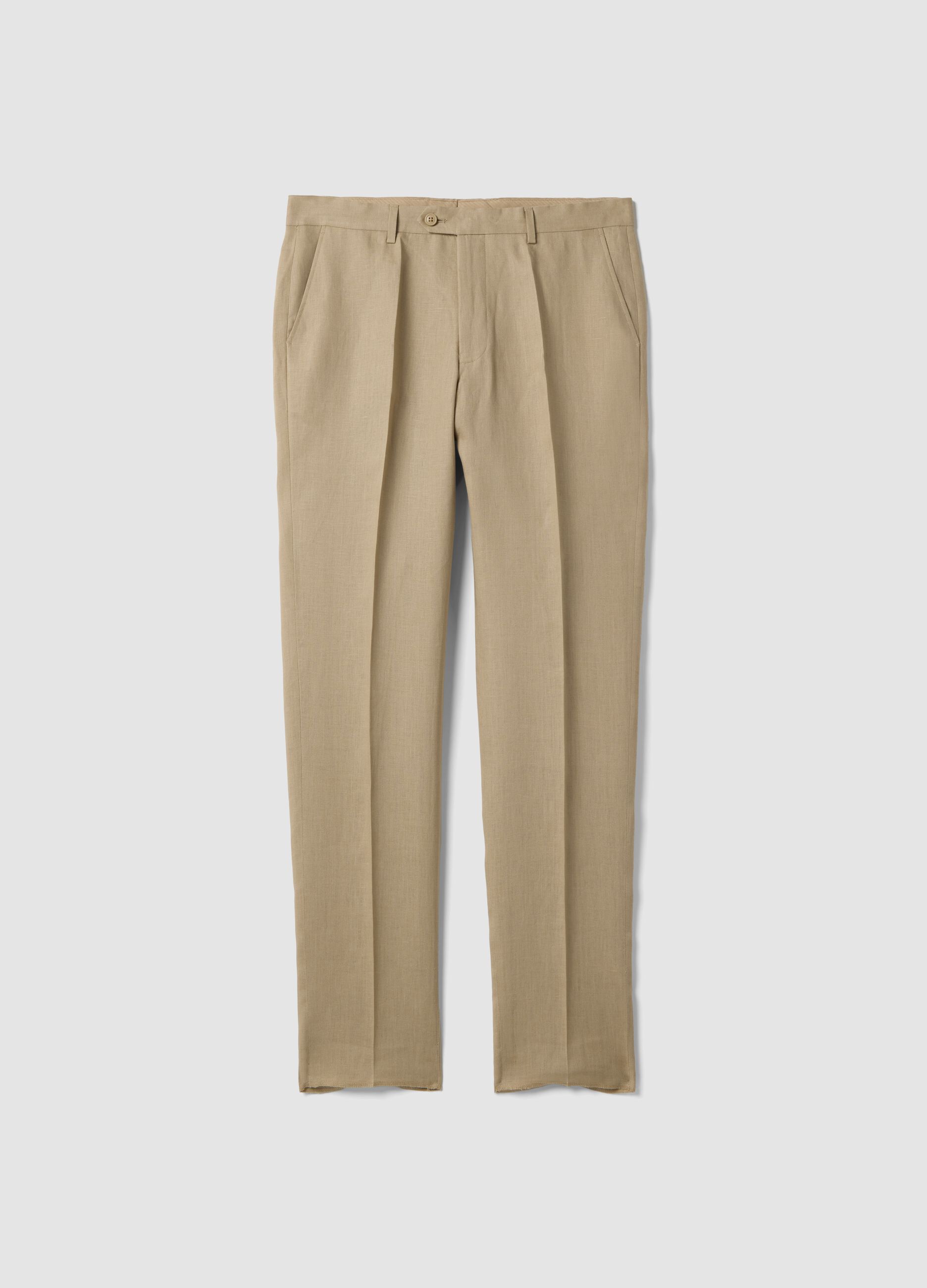 Beige slim-fit pure linen trousers