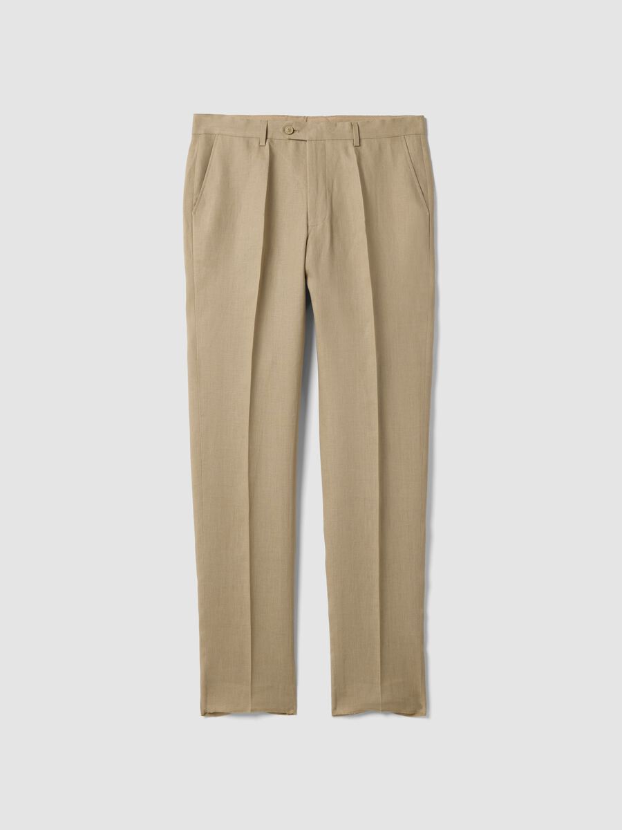 Beige slim-fit pure linen trousers_0