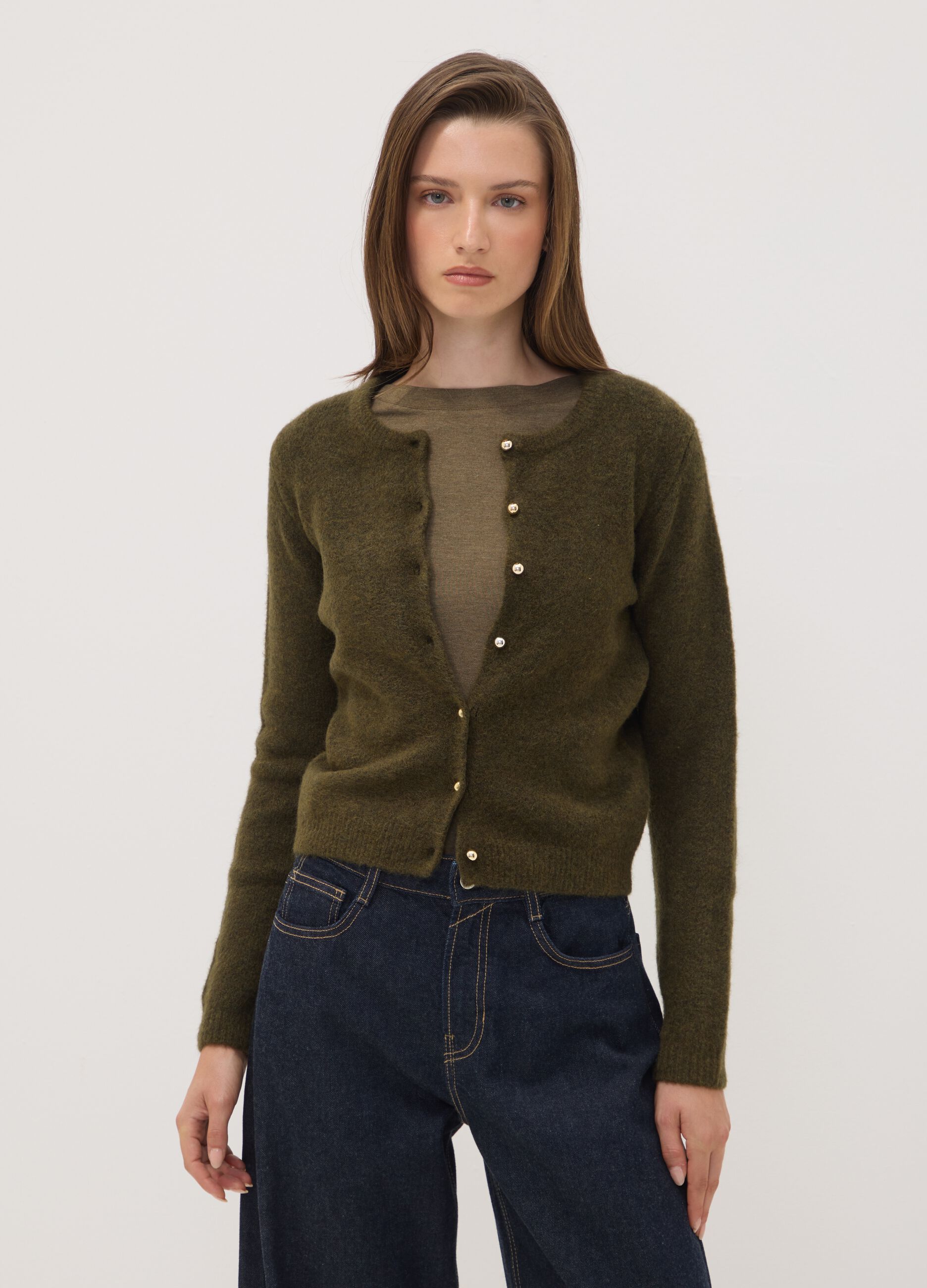 Green stretch-wool crew-neck cardigan, regular fit