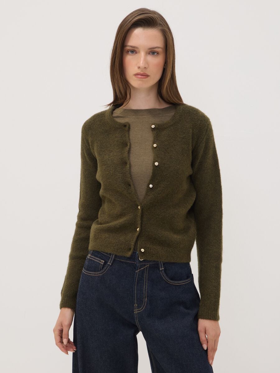 Green stretch-wool crew-neck cardigan, regular fit_0