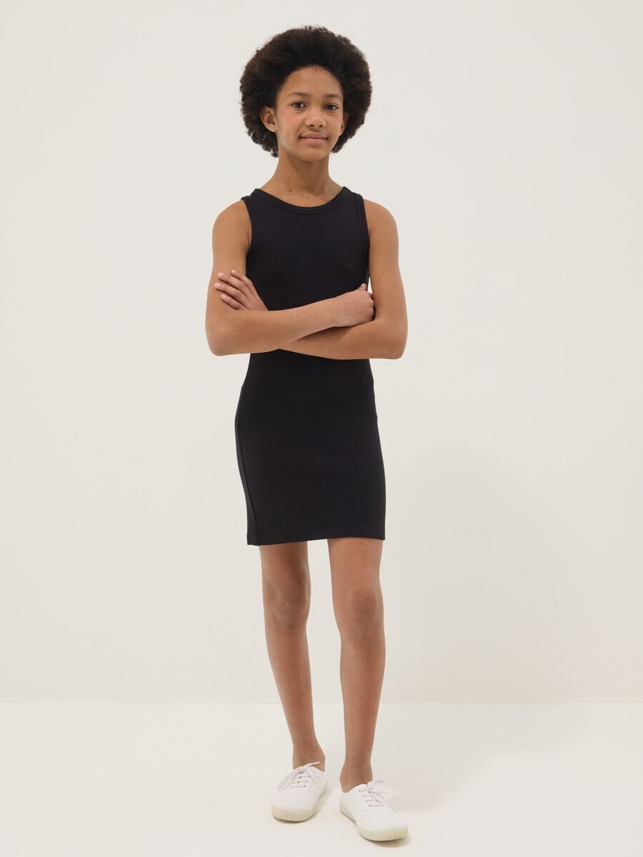 Vestito senza maniche fitted in cotone elasticizzato nero da ragazza_0