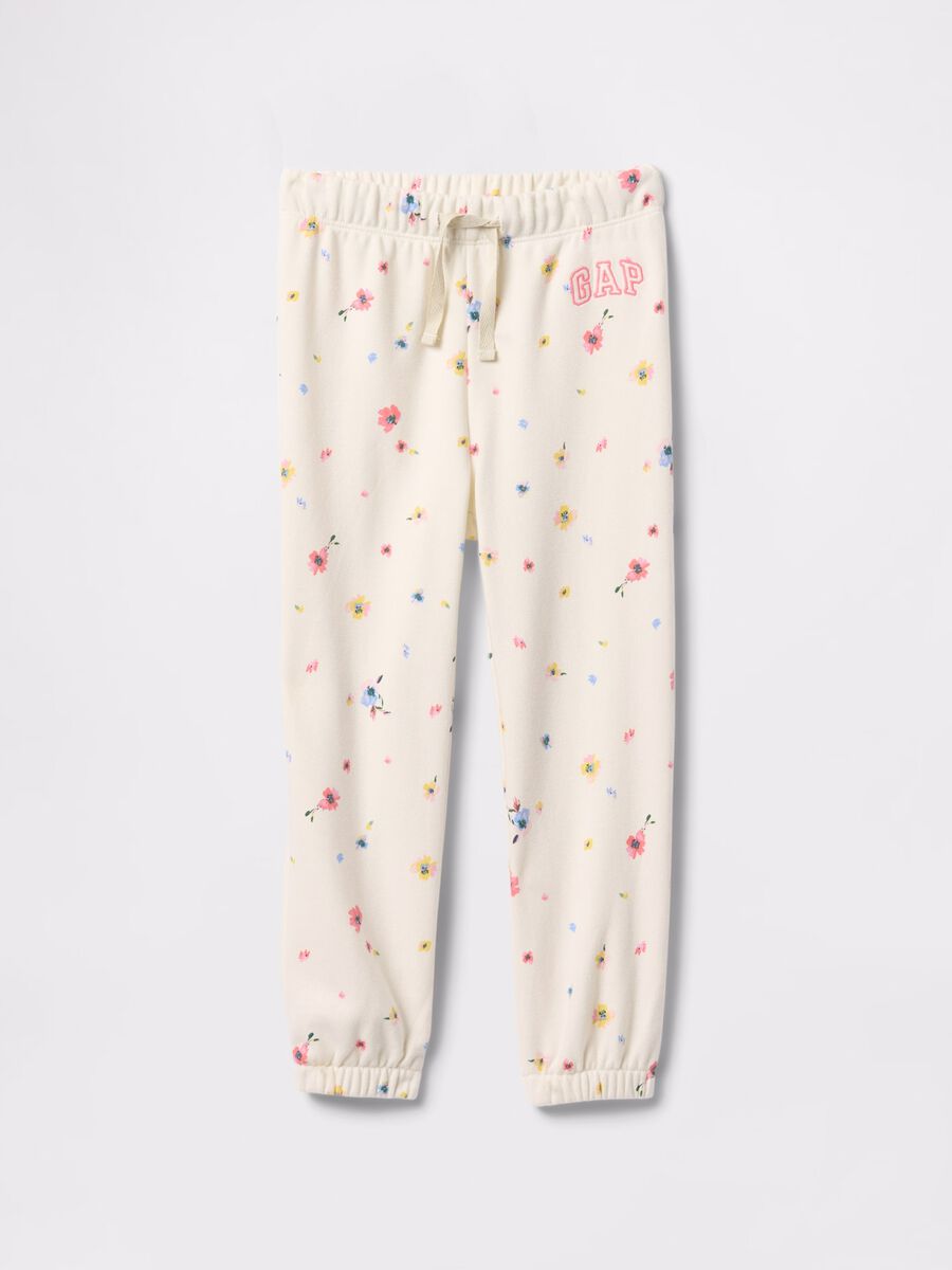 White joggers with drawstring, logo embroidery and flowers print_0