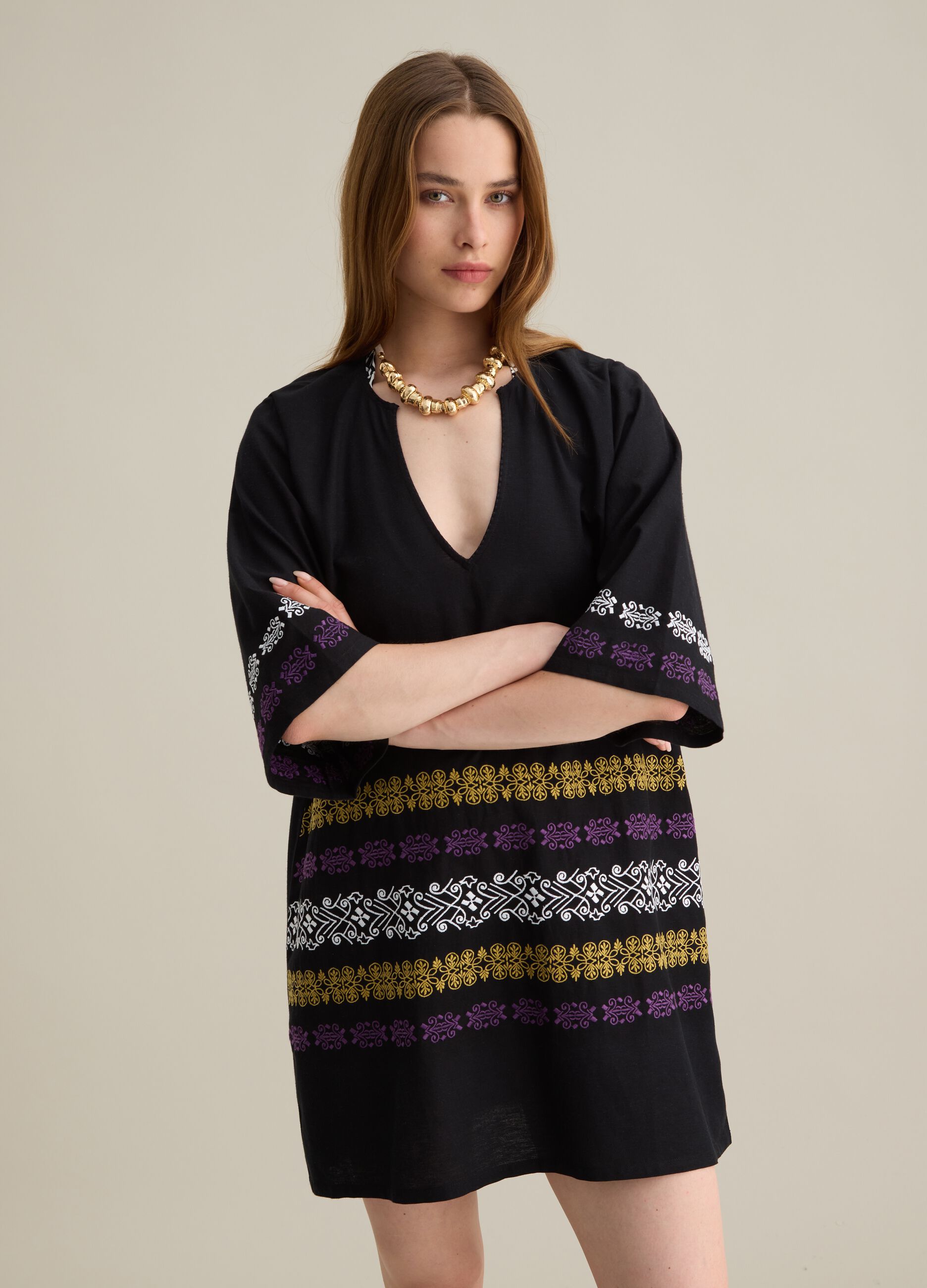 Caftano da donna in misto cotone nero
