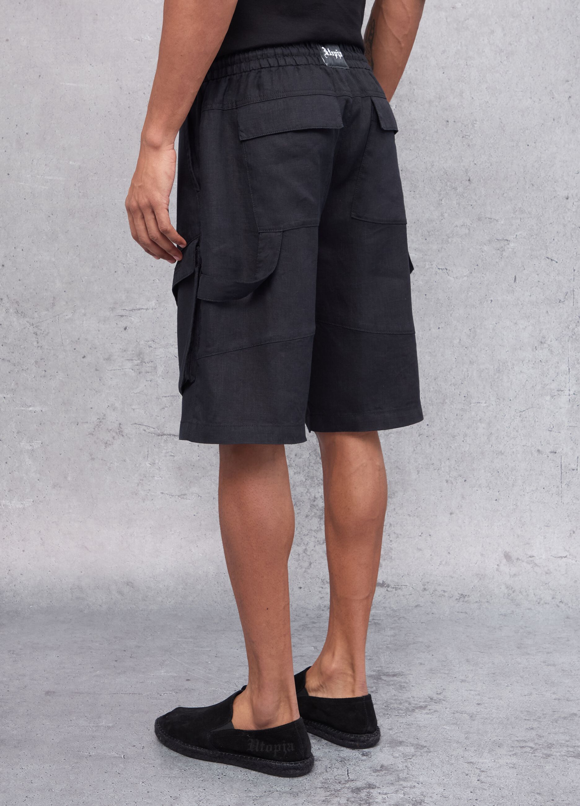 100% Linen Black Cargo Shorts