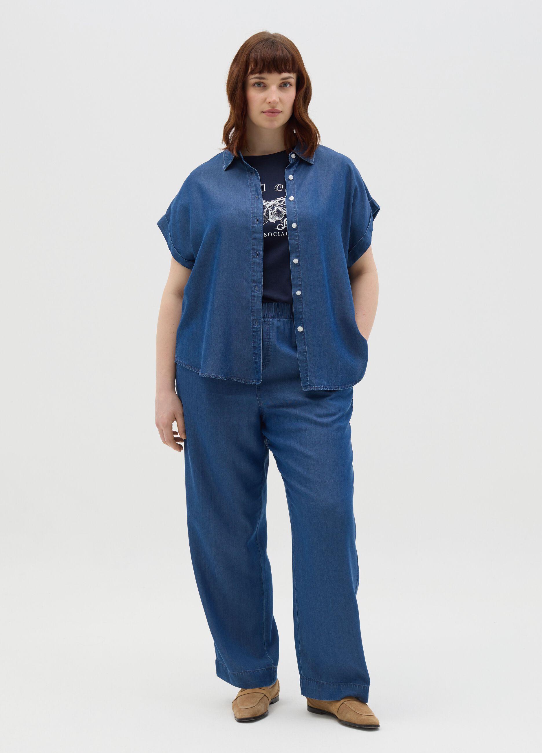 Curvy blue jogger trousers with denim effect