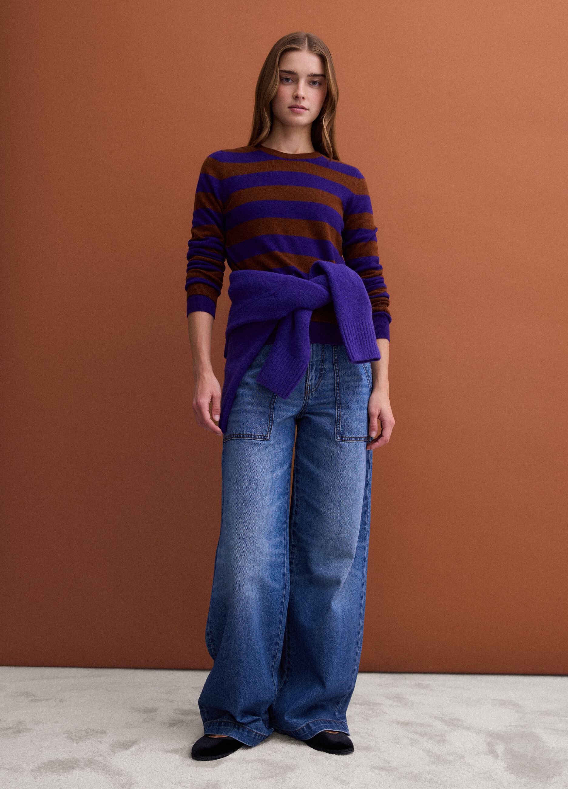 Purple pure wool striped crew-neck jumper