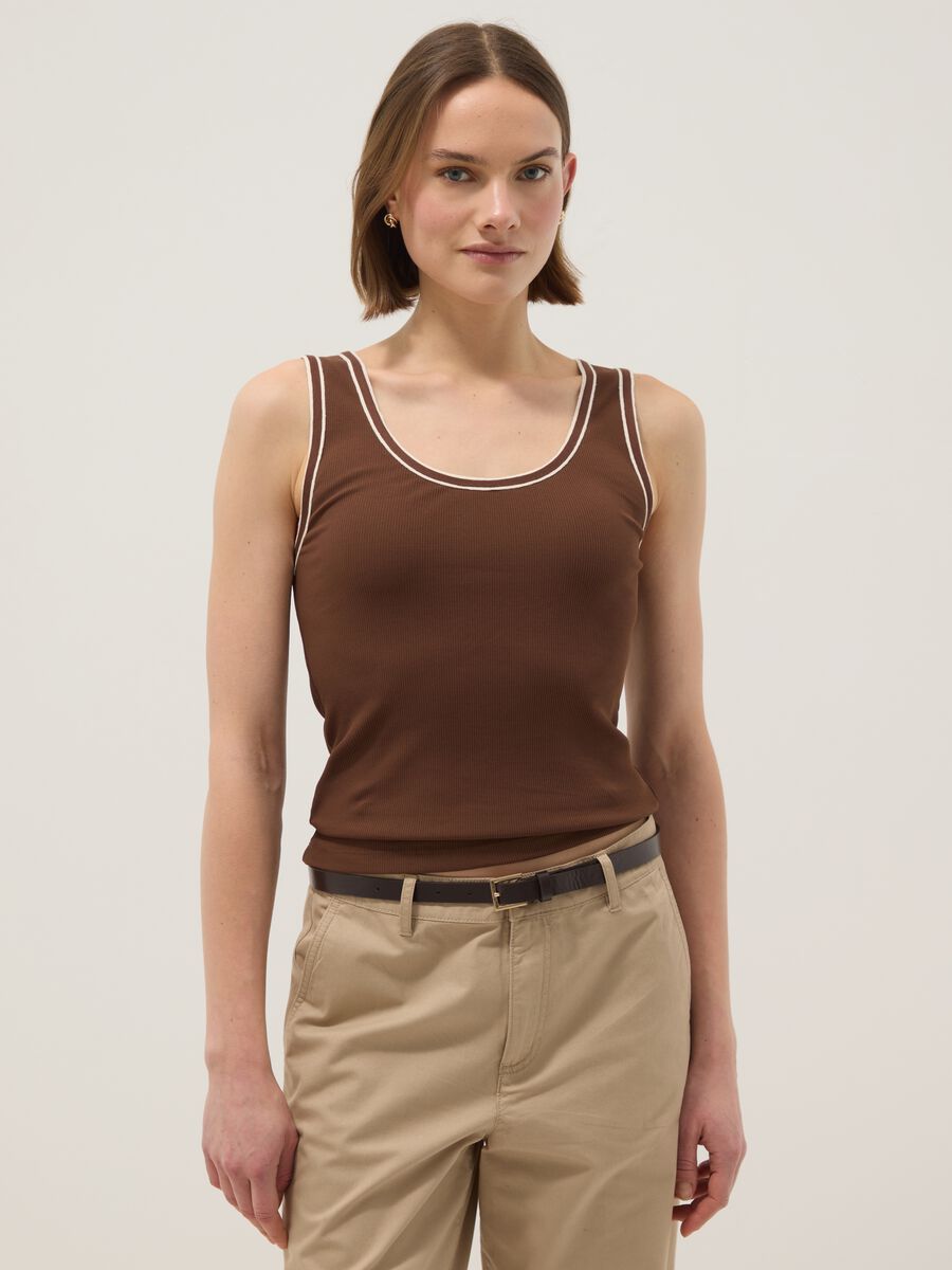 Brown regular-fit stretch cotton tank top with trim_0