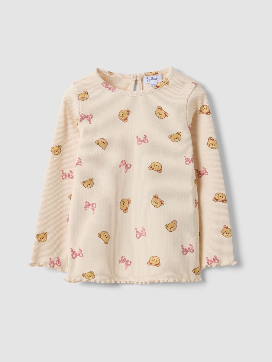 Maglietta beige in cotone organico elasticizzato con fantasia orsetti per bimba_0