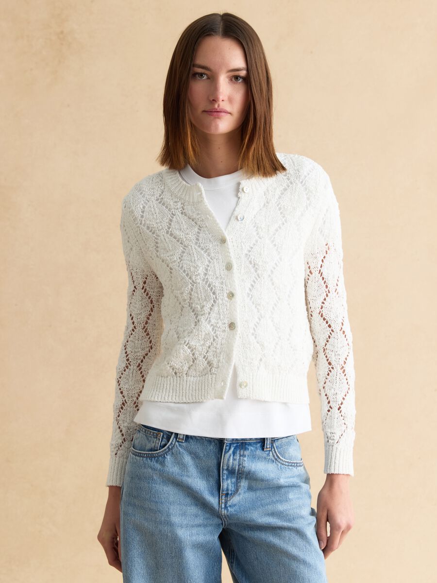 Cardigan in misto cotone bianco regular fit con lavorazione a maglia_1