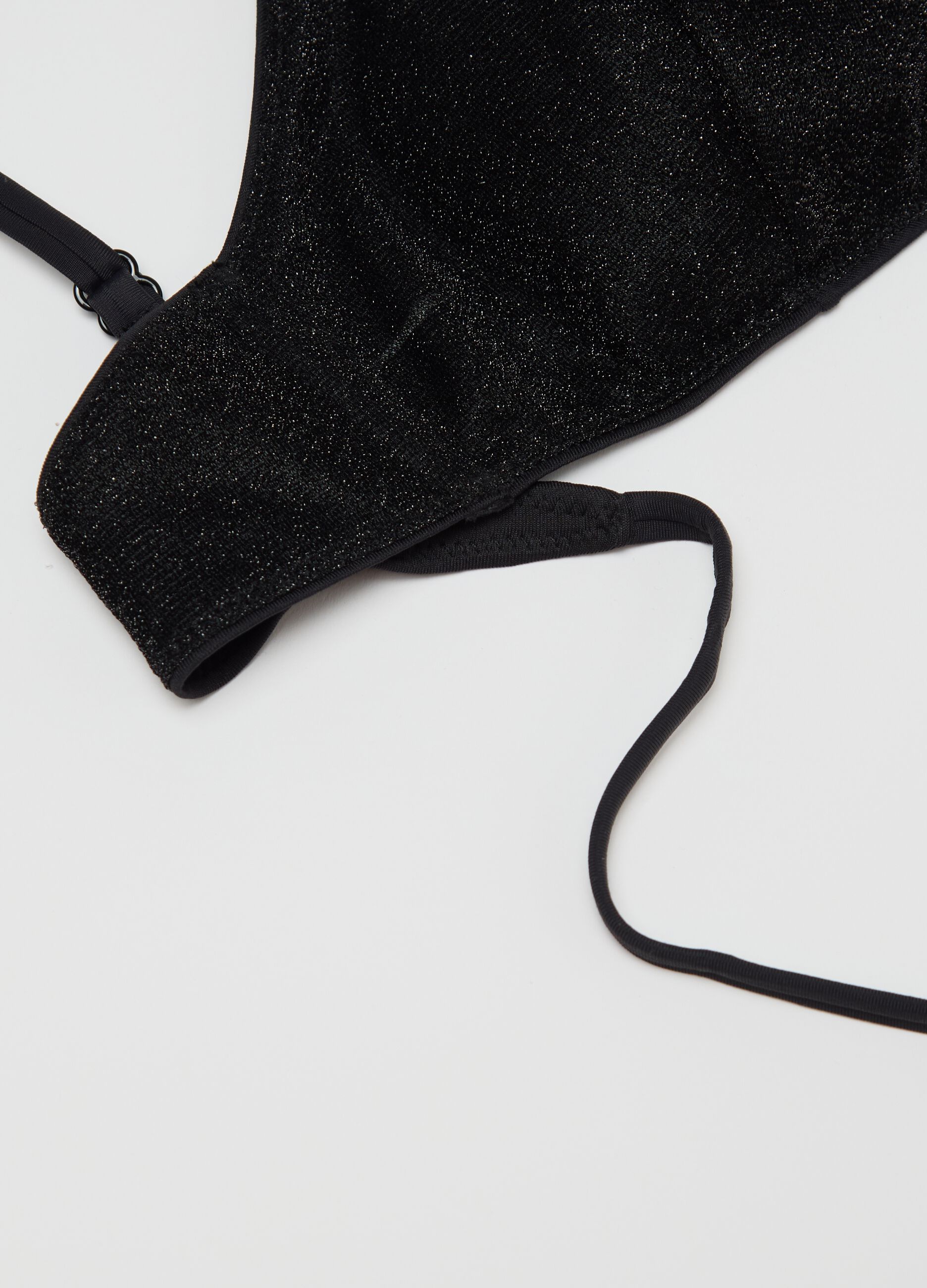 Women’s bikini top in  metallic black fibre with removable padding