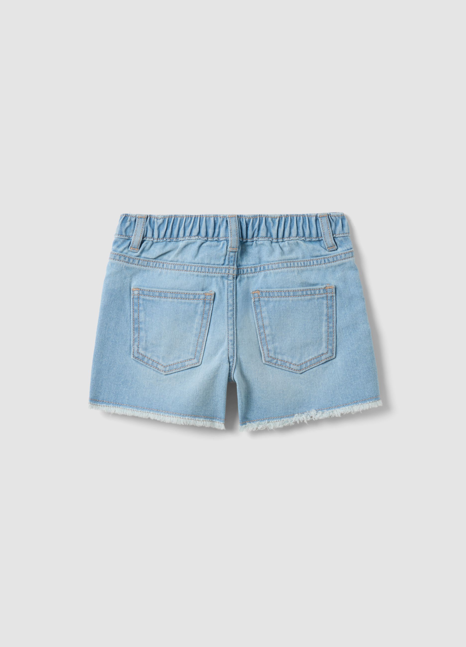 Light blue pure cotton denim shorts with embroidered hearts for girls