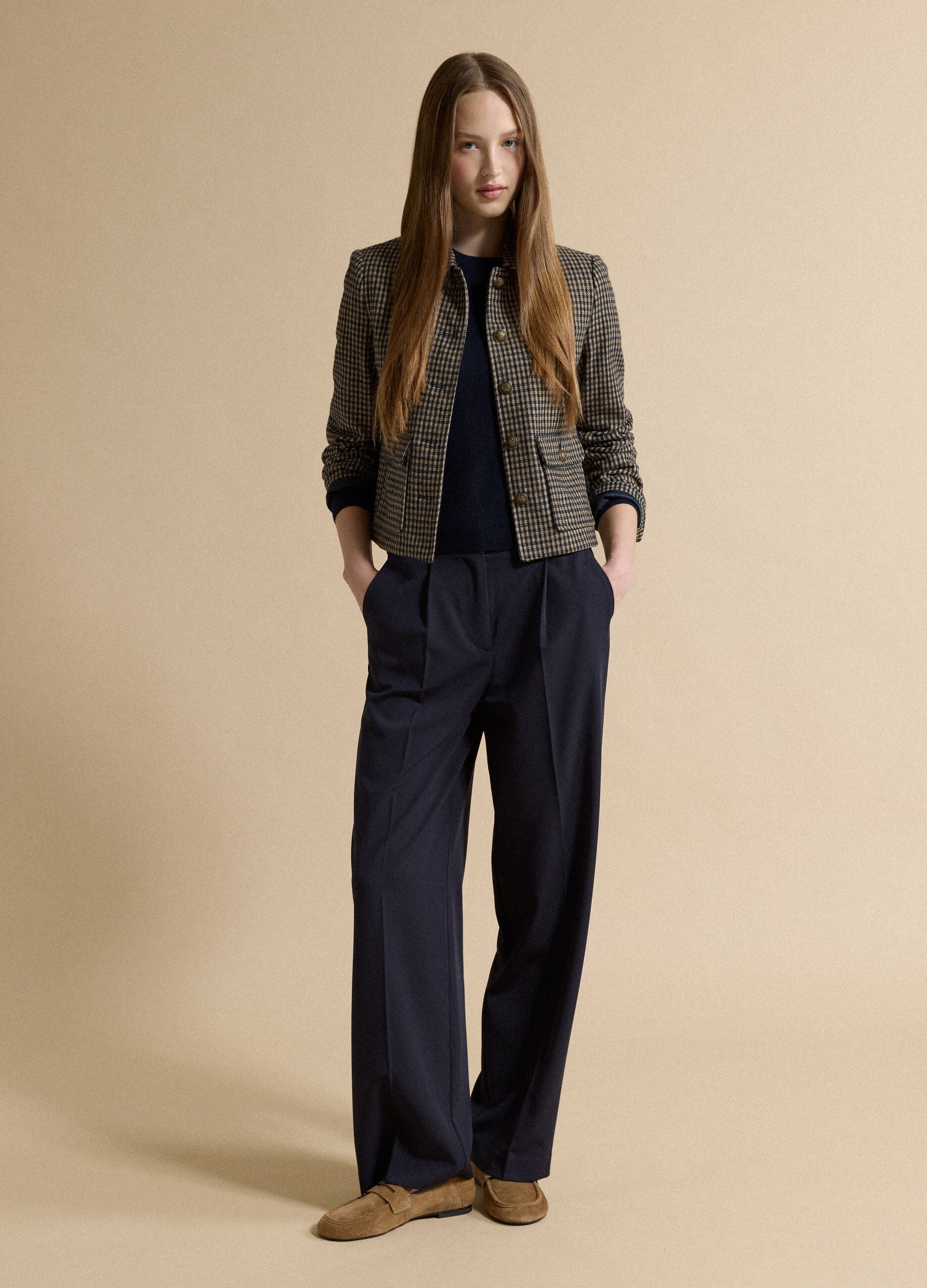Navy stretch viscose formal trousers, regular fit