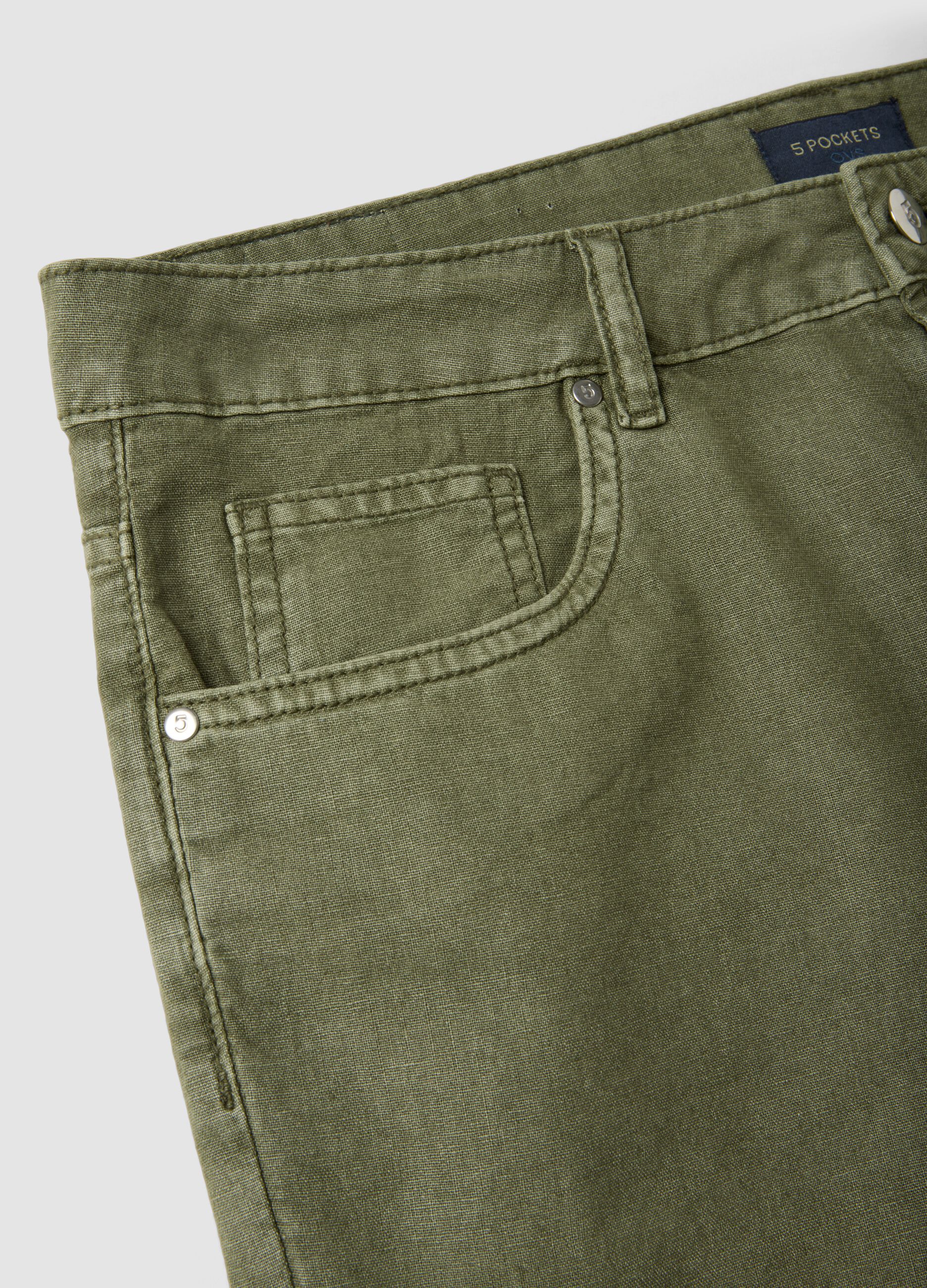 Green linen and cotton-blend five-pocket Bermuda shorts